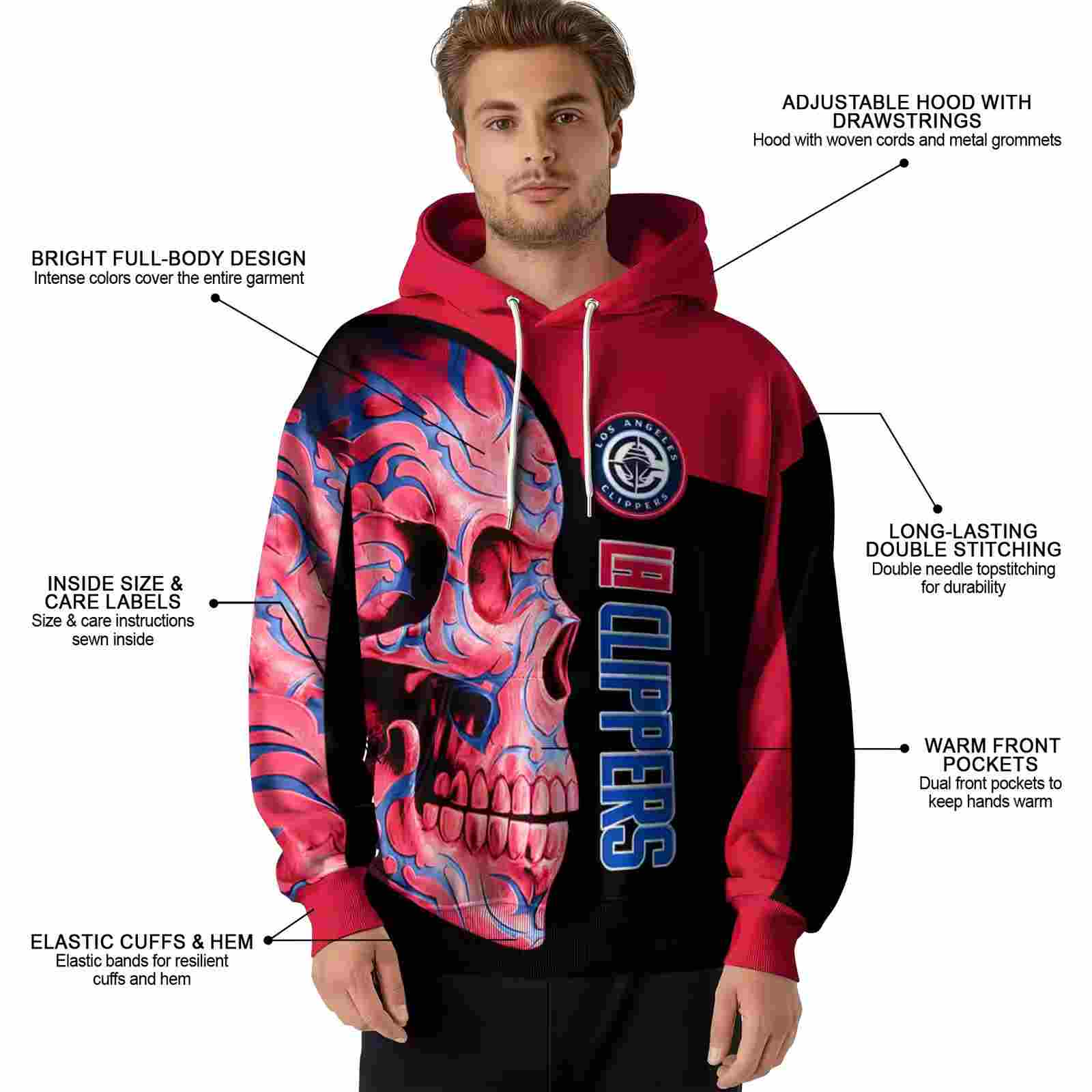 los angeles clippers skull motif red black hoodie latest model