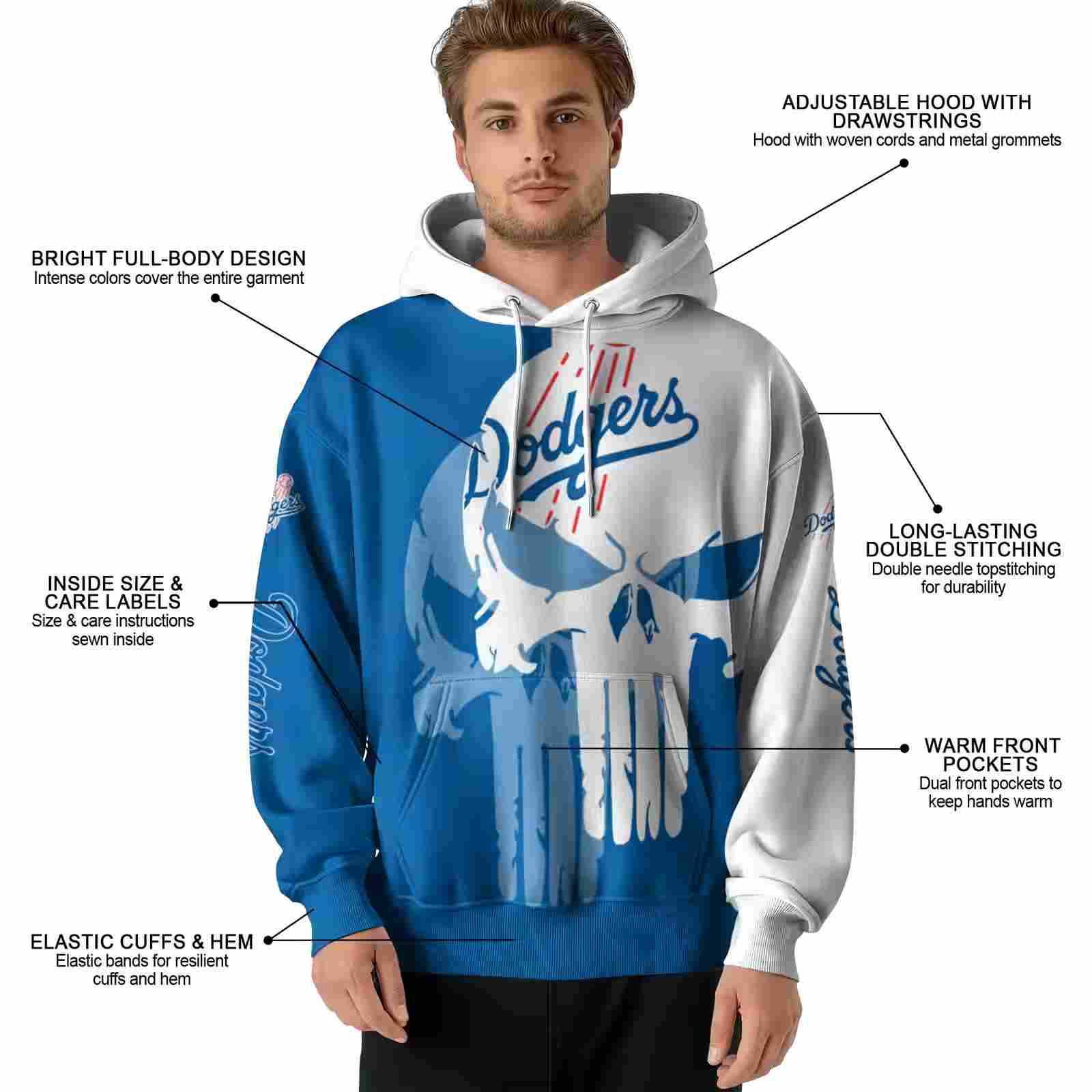 los angeles dodgers graphic punisher blue white hoodie latest model