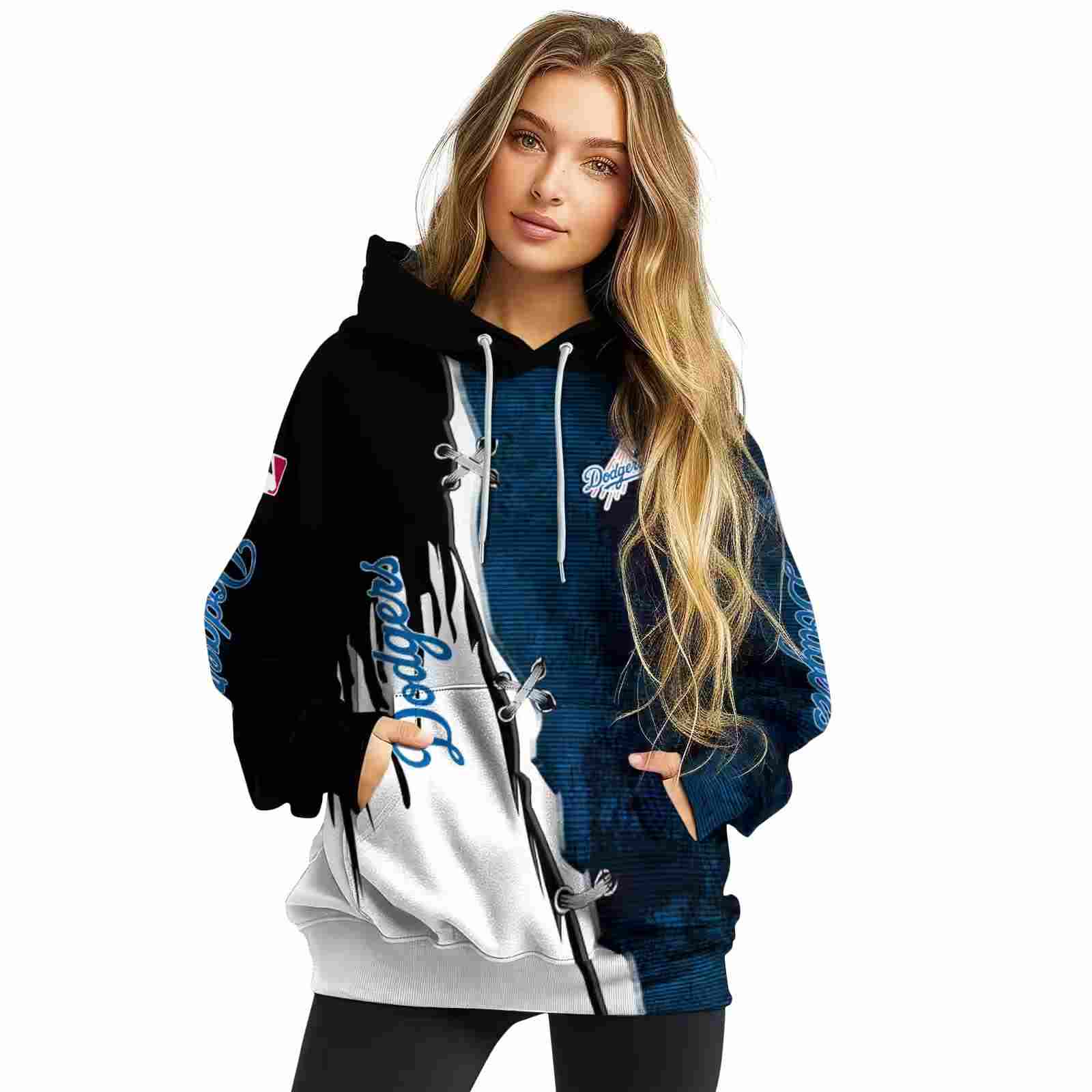 los angeles dodgers ripped pattern blue black white hoodie high quality