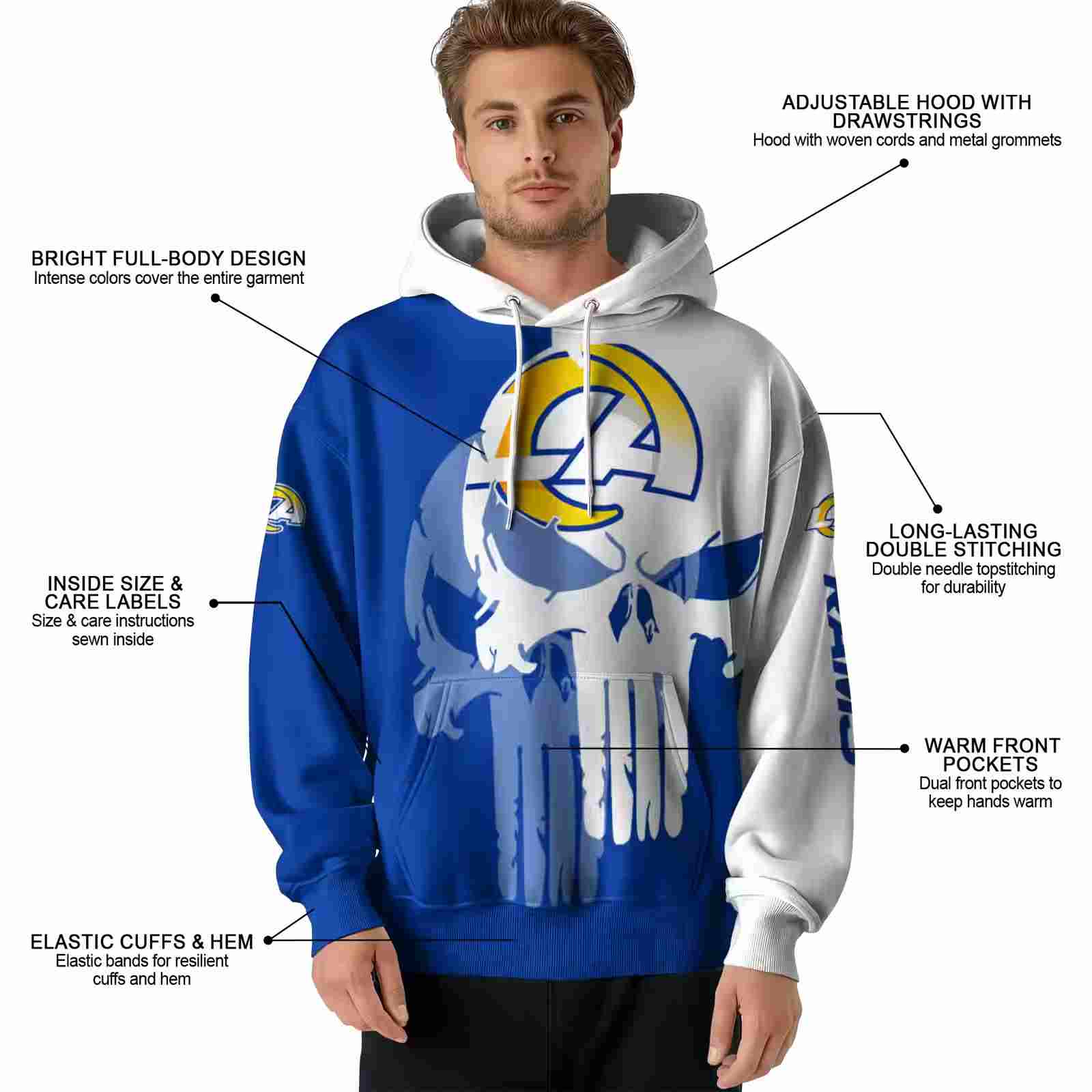 los angeles rams graphic punisher blue white hoodie latest model