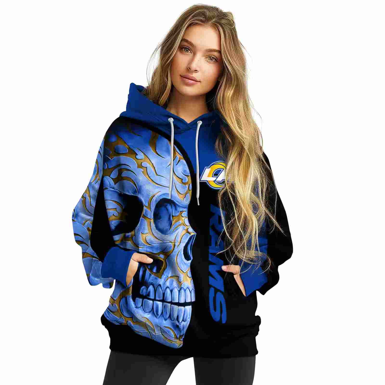 los angeles rams skull motif blue black hoodie high quality