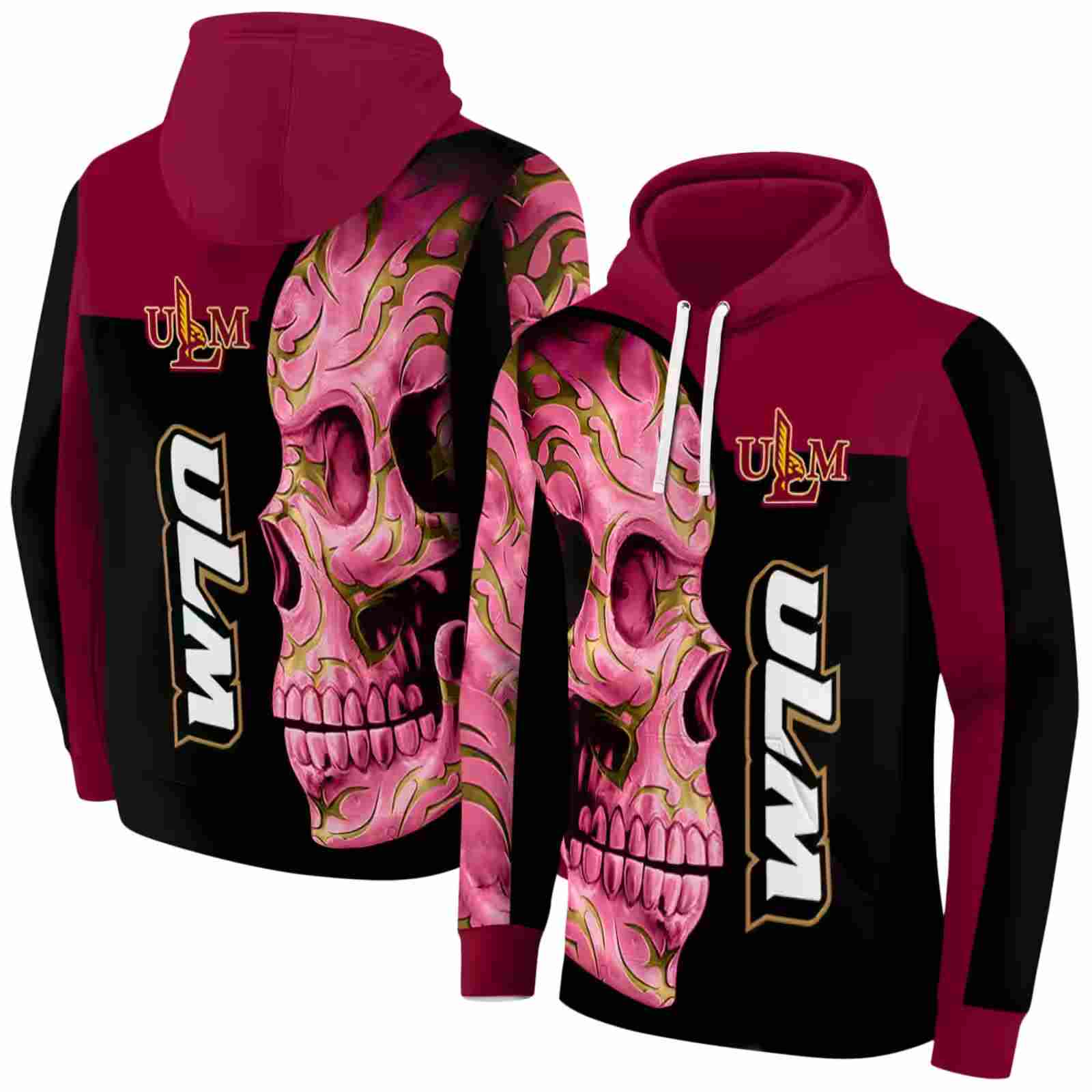 louisiana monroe warhawks skull motif red black hoodie fashion forward