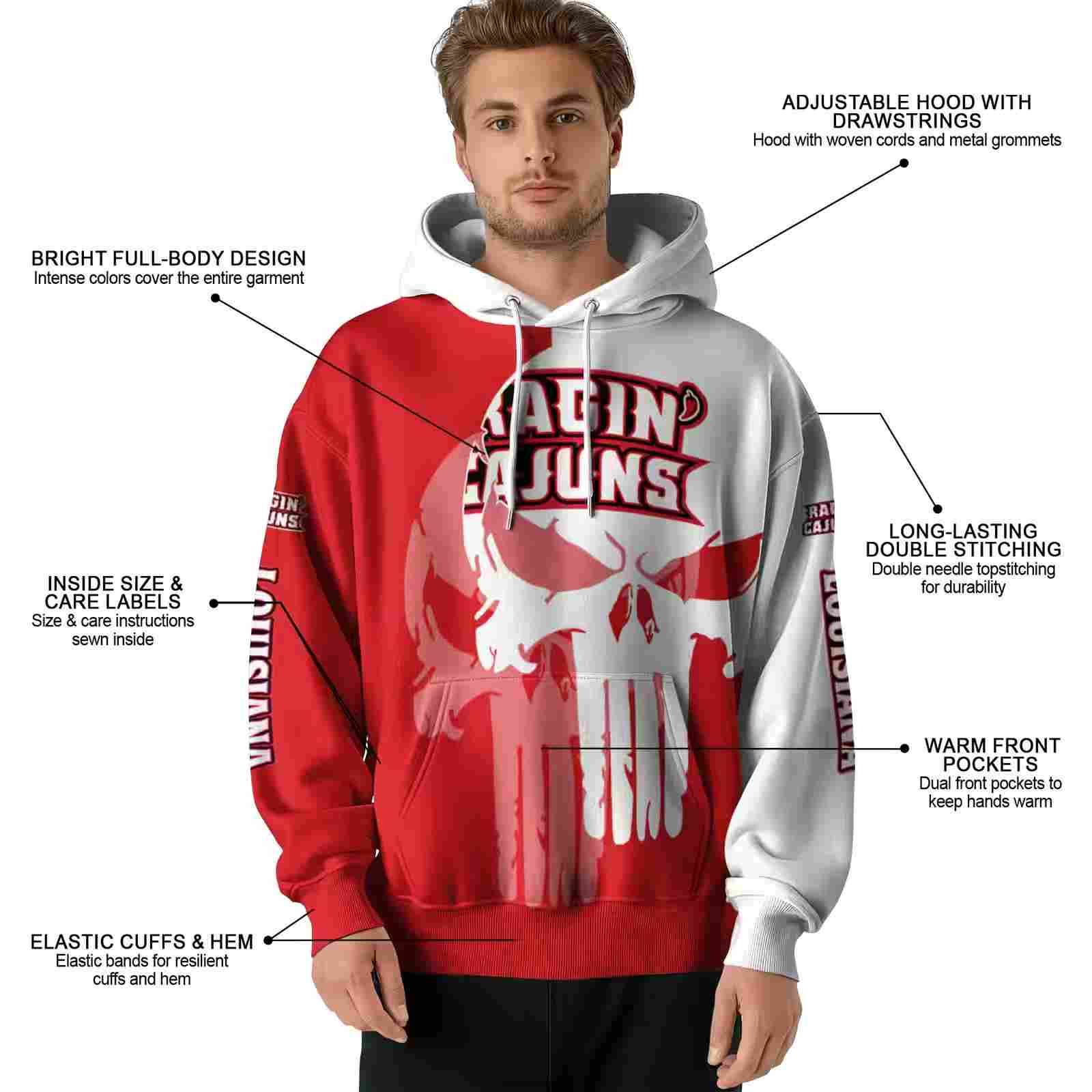 louisiana ragin cajuns graphic punisher red white hoodie latest model