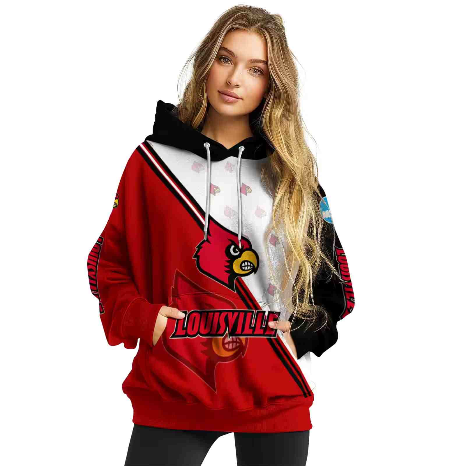 louisville cardinals diagonal stripe red white hoodie high quality