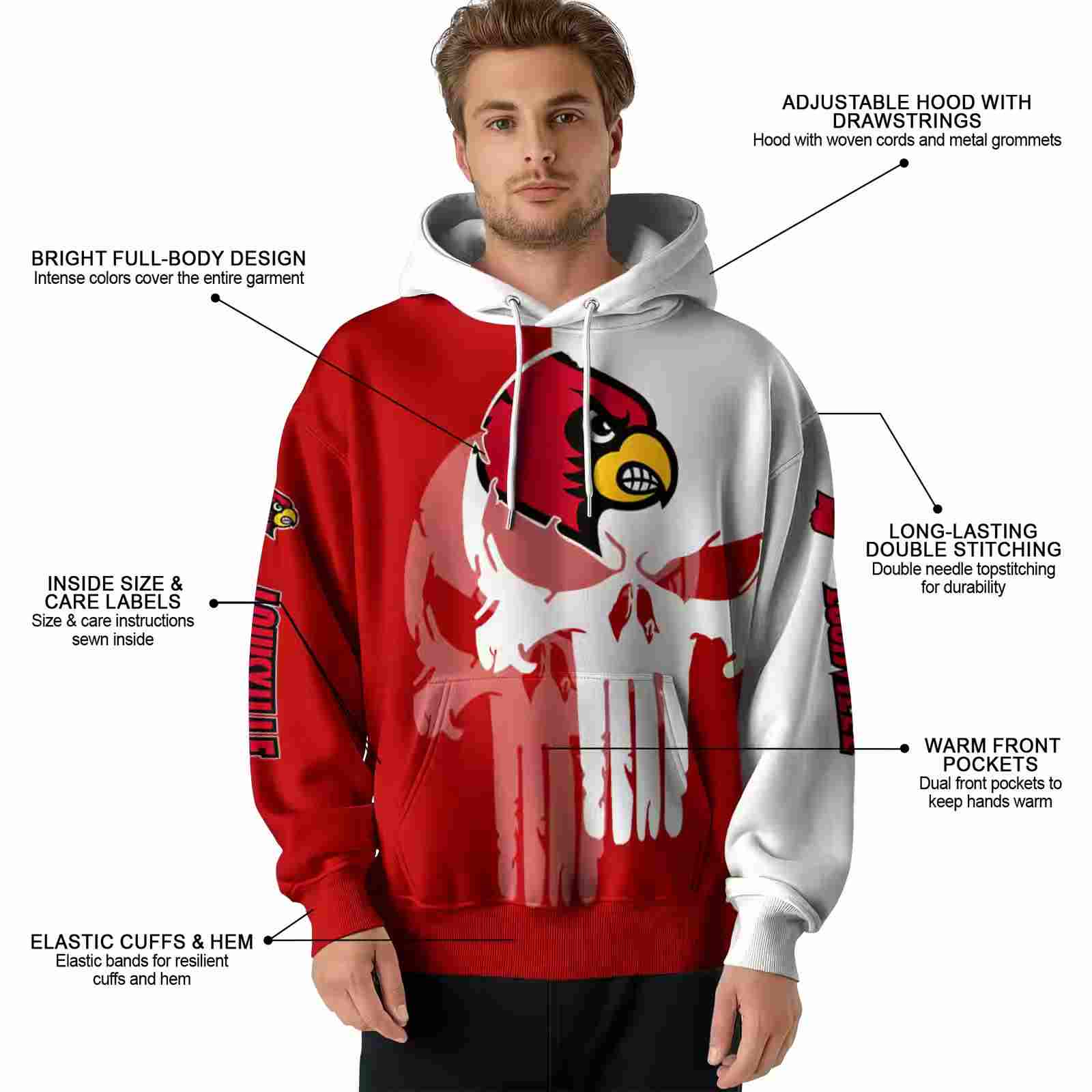 louisville cardinals graphic punisher red white hoodie latest model