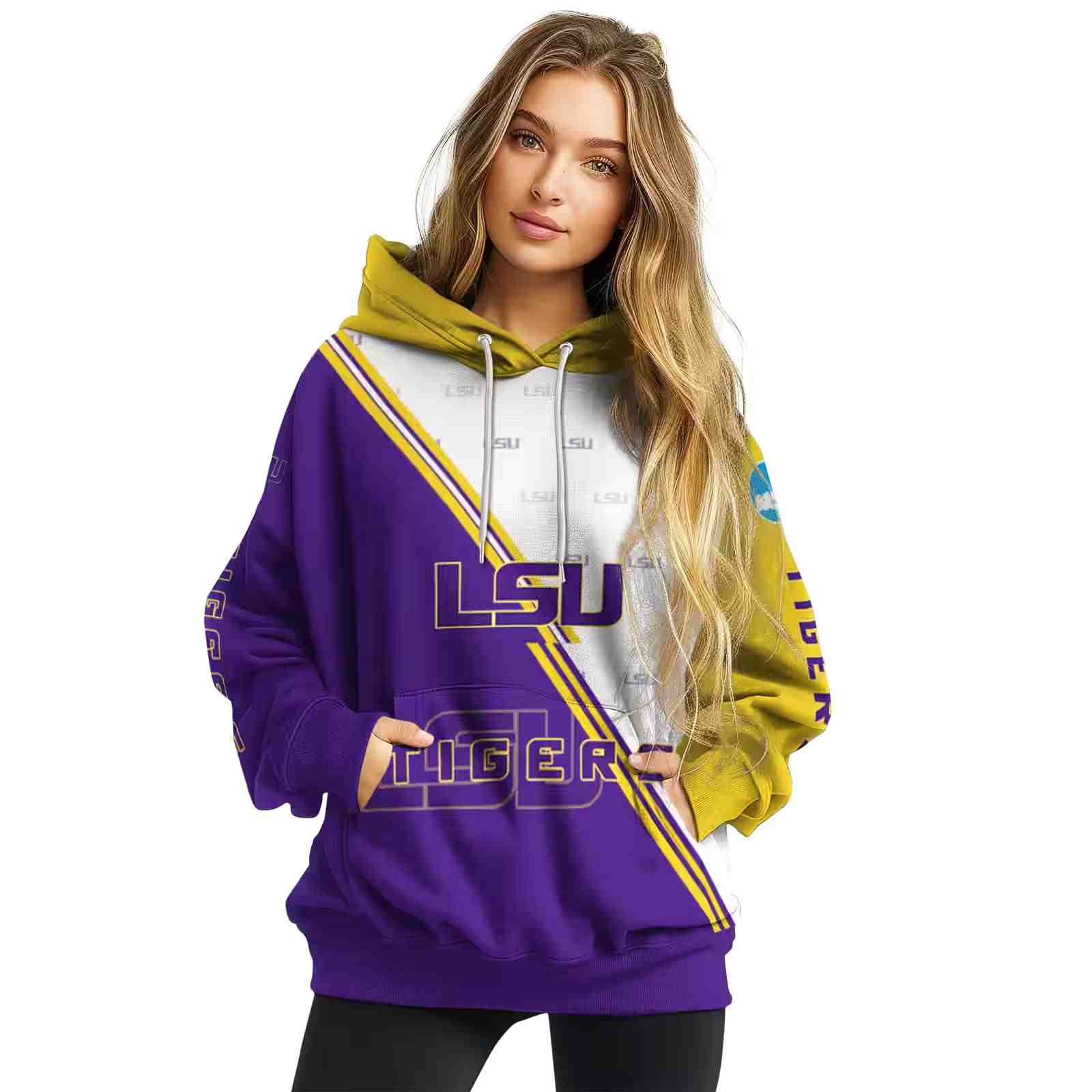 lsu tigers diagonal stripe purple white hoodie high quality