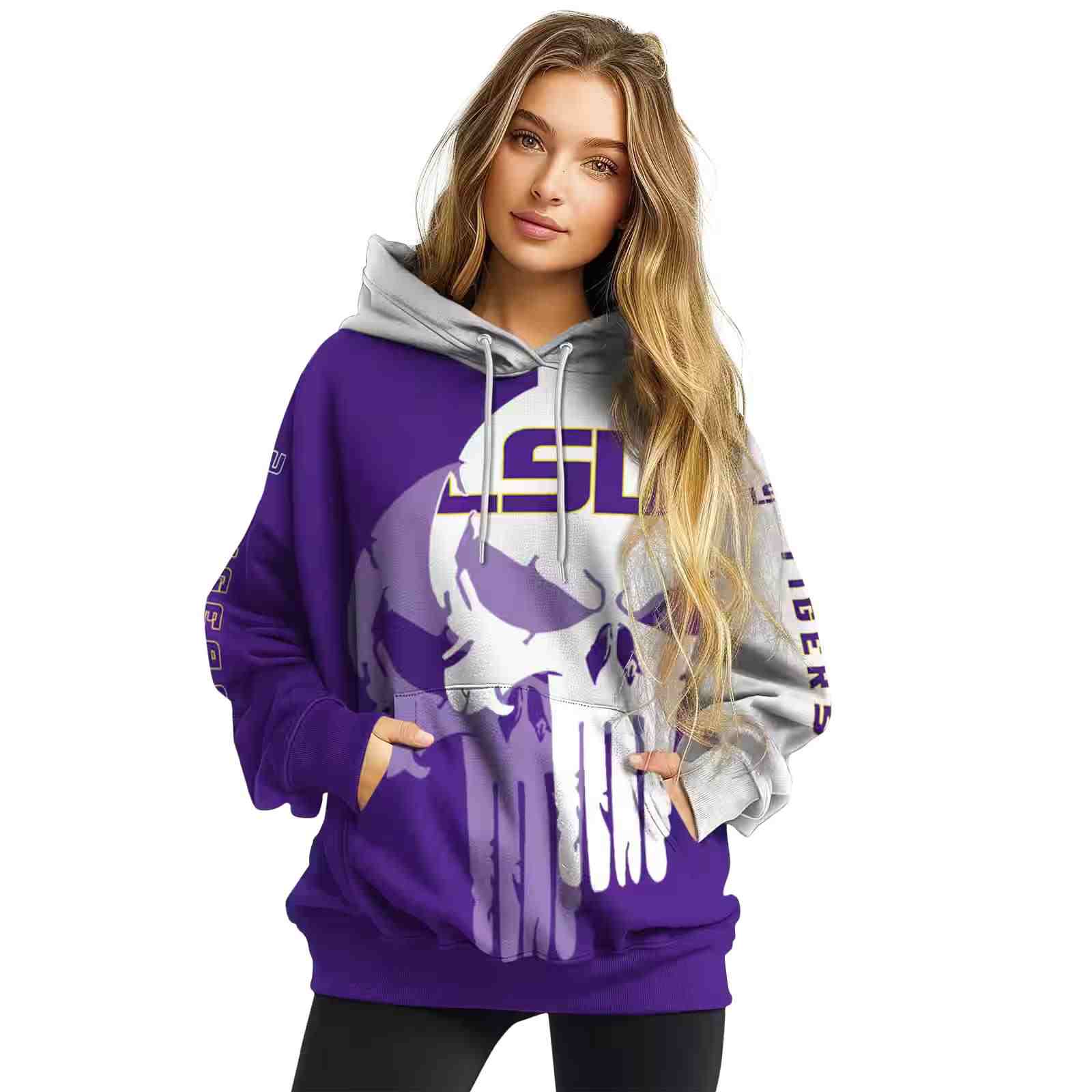 lsu tigers graphic punisher purple white hoodie high quality