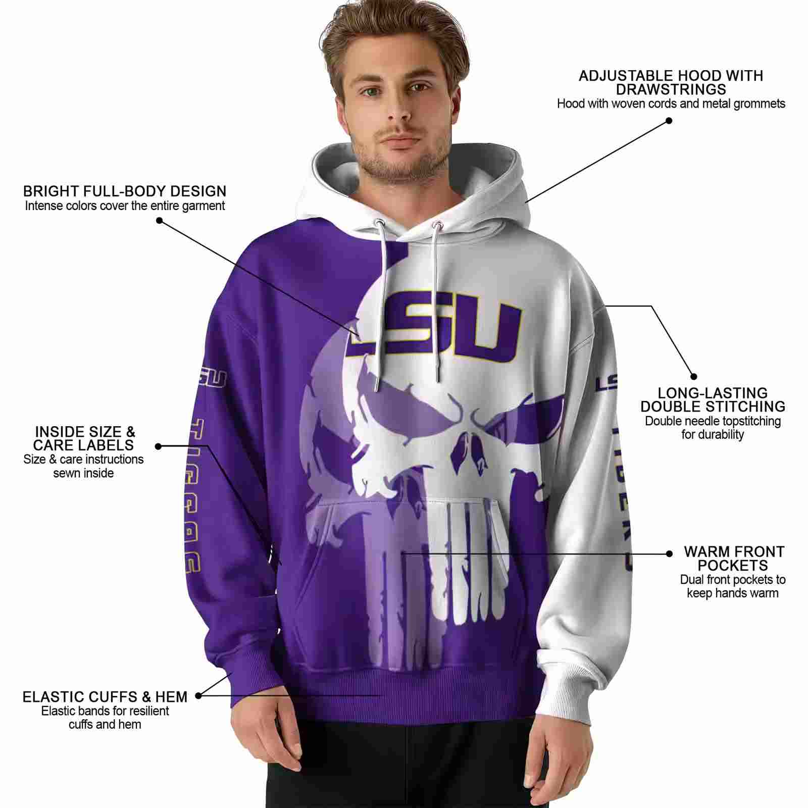 lsu tigers graphic punisher purple white hoodie latest model