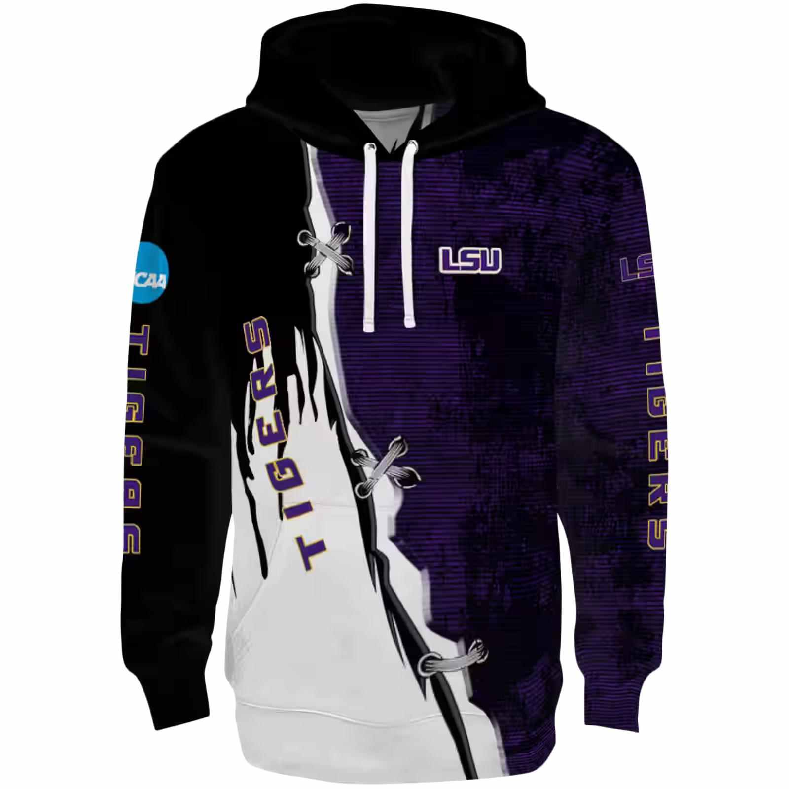 LSU Tigers Ripped Pattern Purple Black White Hoodie