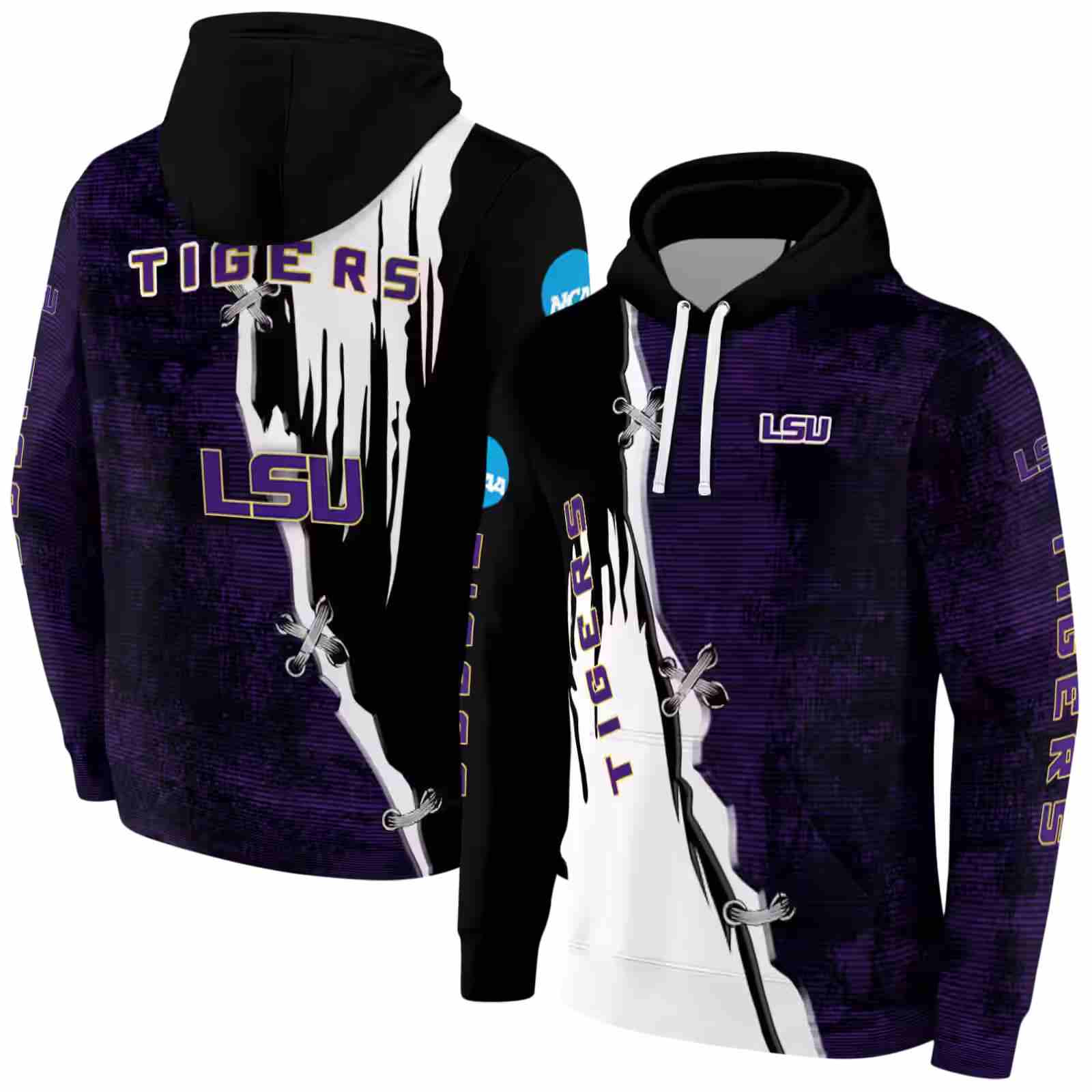 lsu tigers ripped pattern purple black white hoodie fashion forward