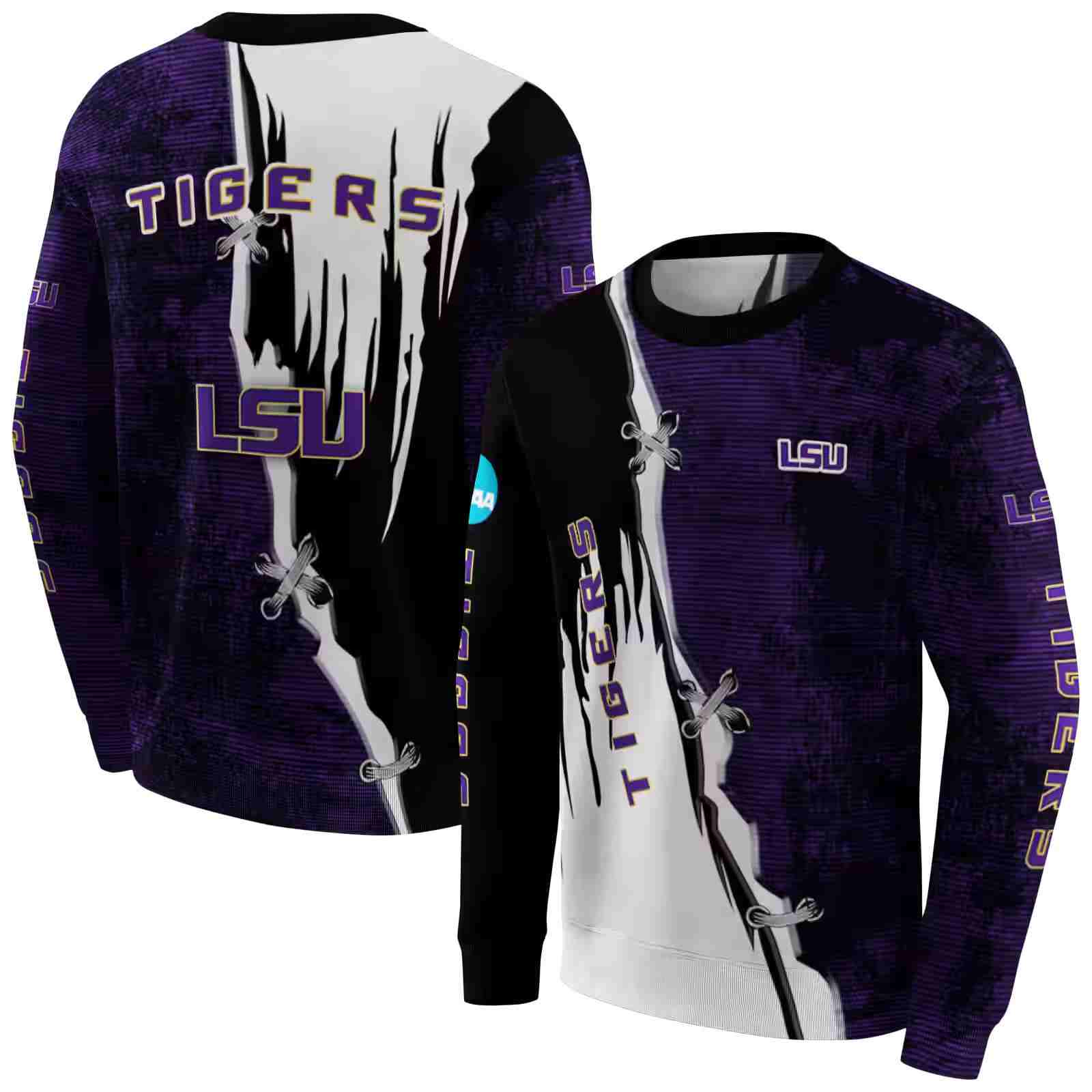 lsu tigers ripped pattern purple black white hoodie premium grade