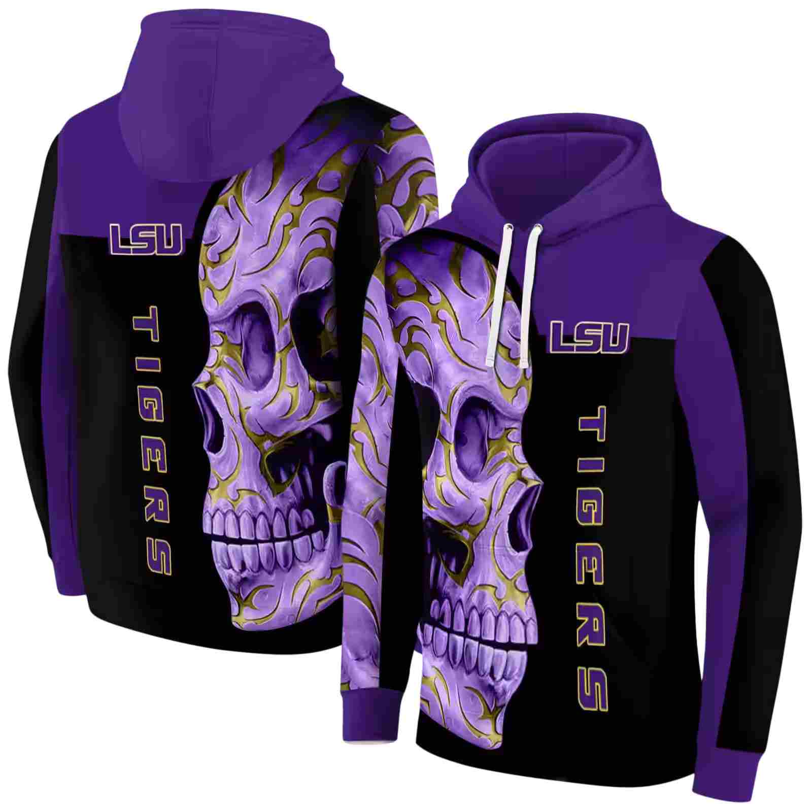 lsu tigers skull motif purple black hoodie fashion forward