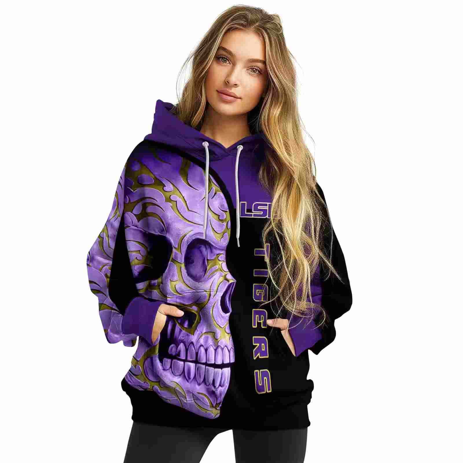 lsu tigers skull motif purple black hoodie high quality