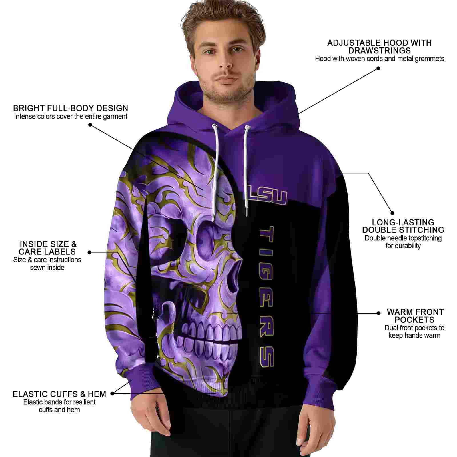 lsu tigers skull motif purple black hoodie latest model