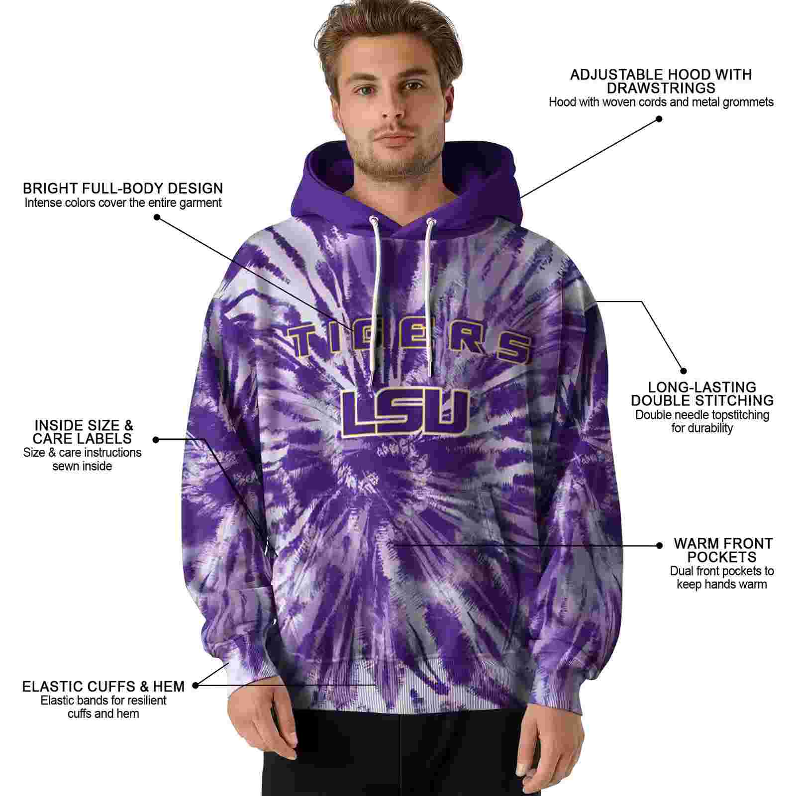 lsu tigers tie dye pattern purple hoodie latest model