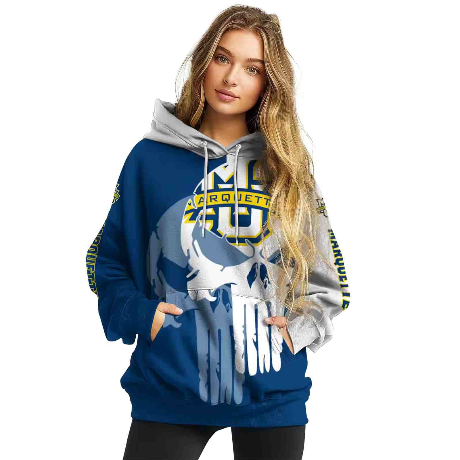 marquette golden eagles graphic punisher blue white hoodie high quality