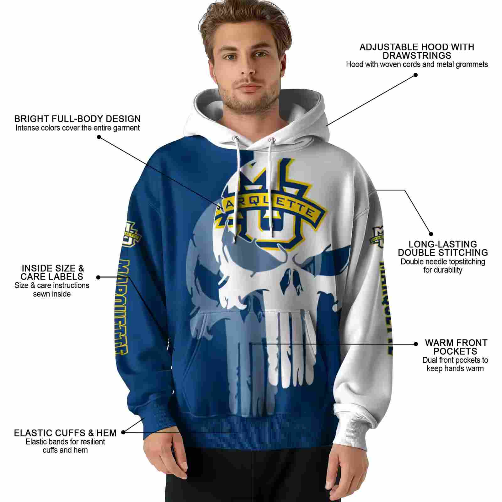 marquette golden eagles graphic punisher blue white hoodie latest model