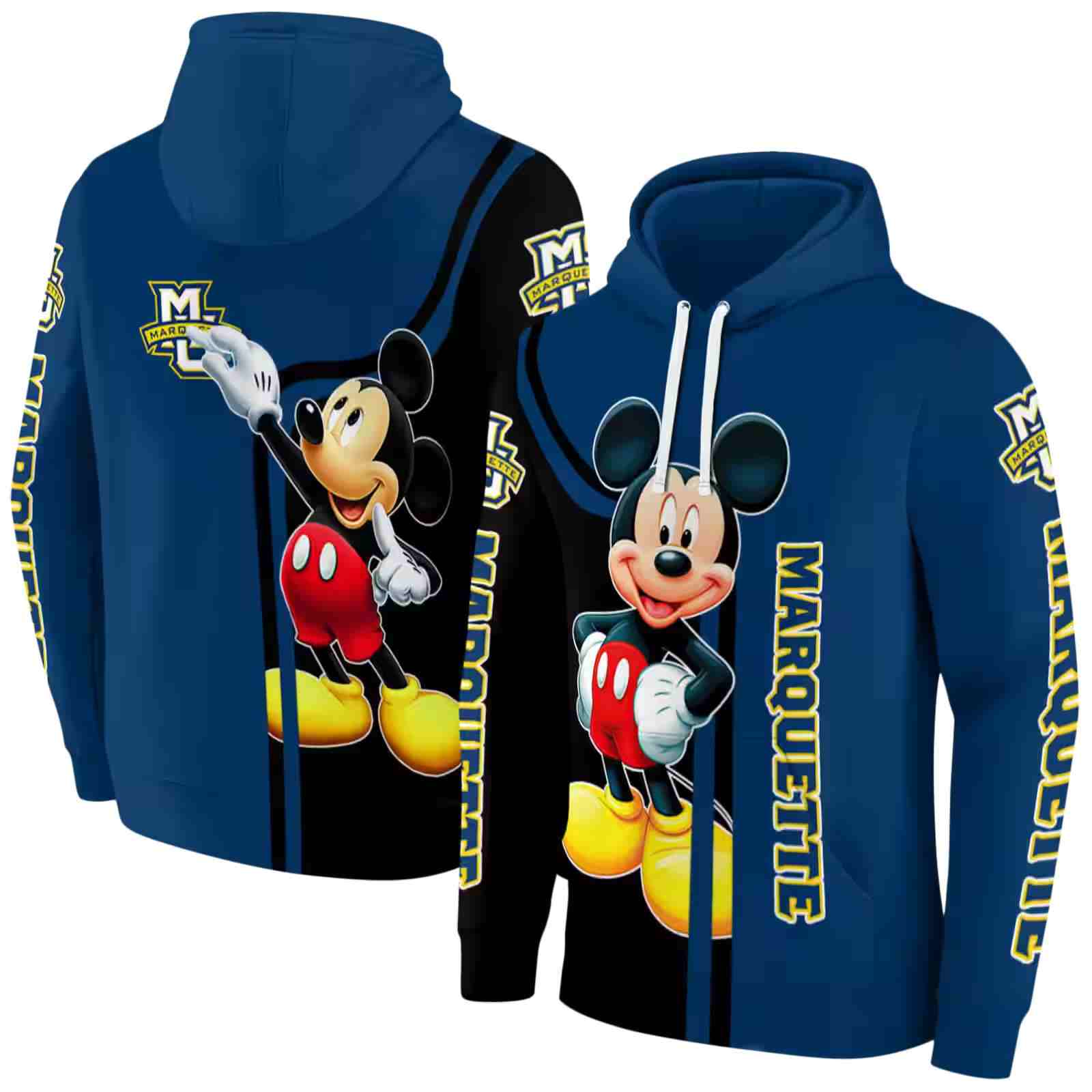 marquette golden eagles mickey mouse blue black hoodie fashion forward