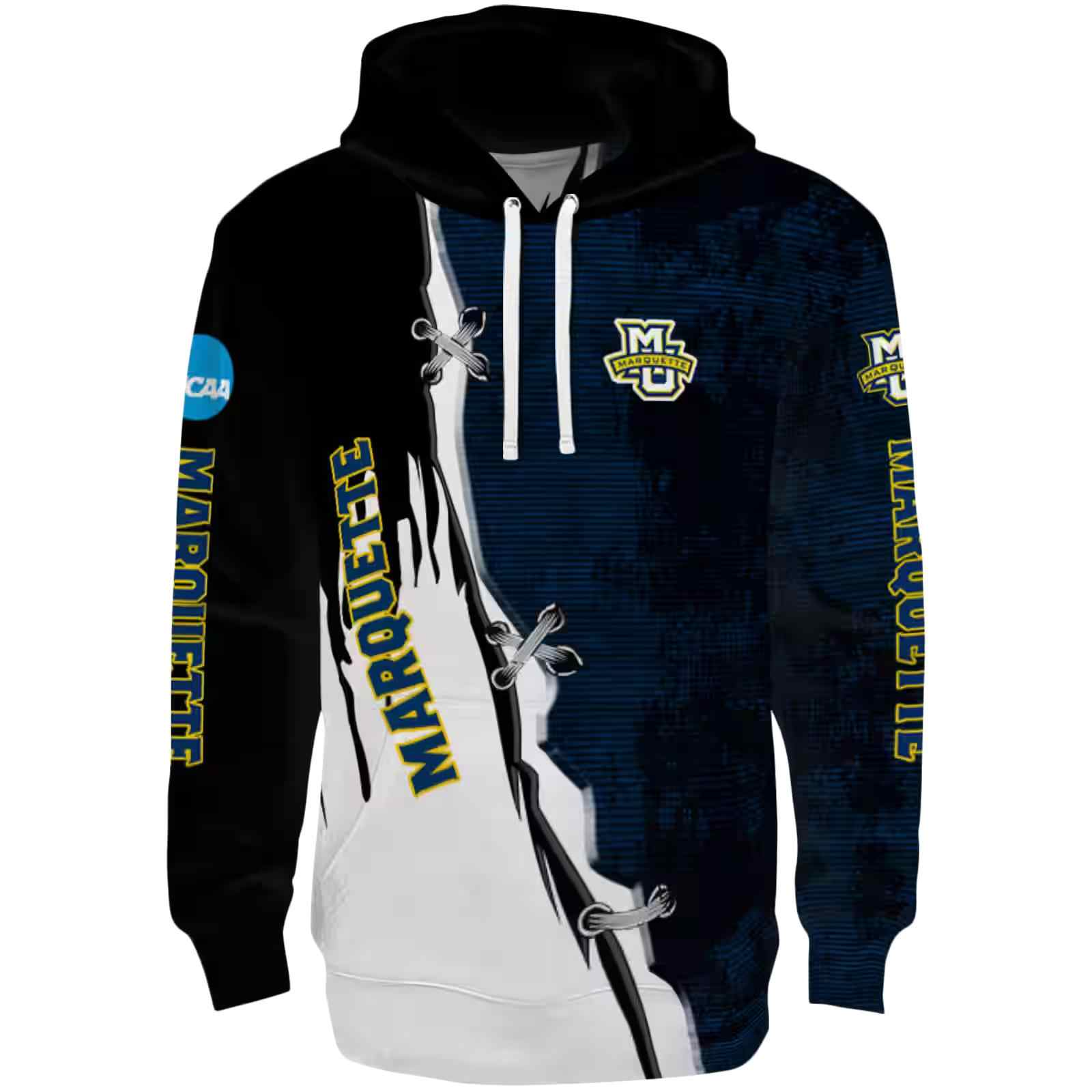 Marquette Golden Eagles Ripped Pattern Blue Black White Hoodie