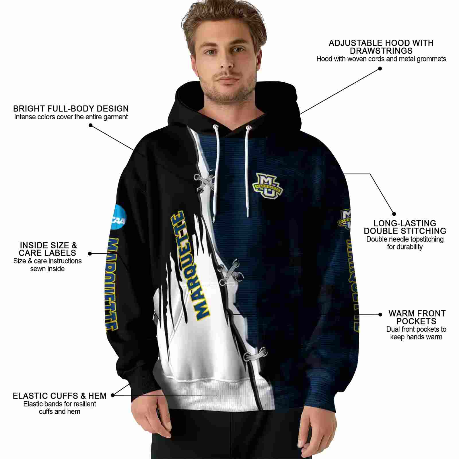 marquette golden eagles ripped pattern blue black white hoodie latest model