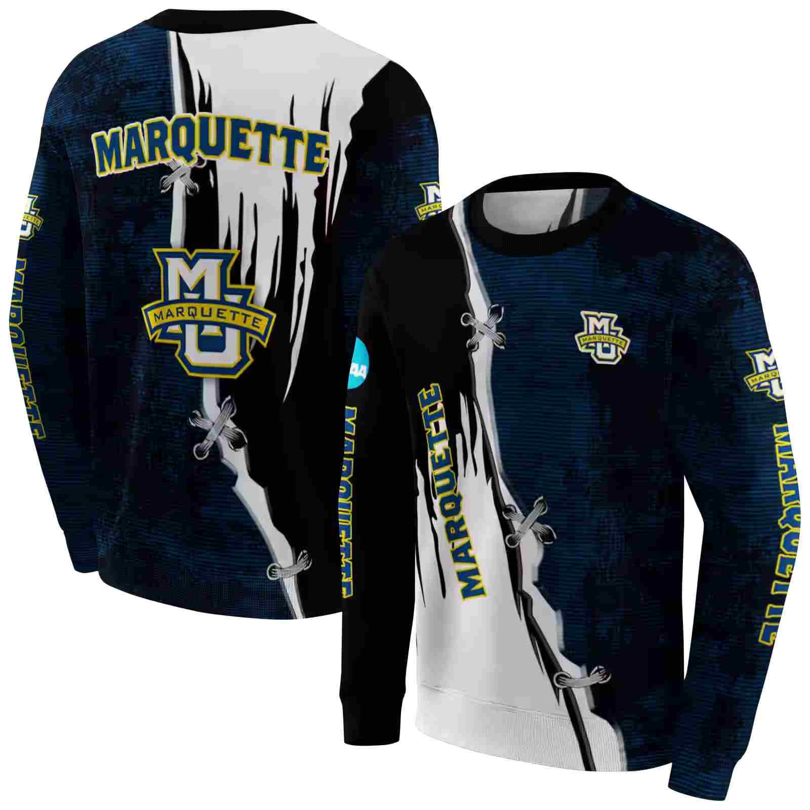 marquette golden eagles ripped pattern blue black white hoodie premium grade