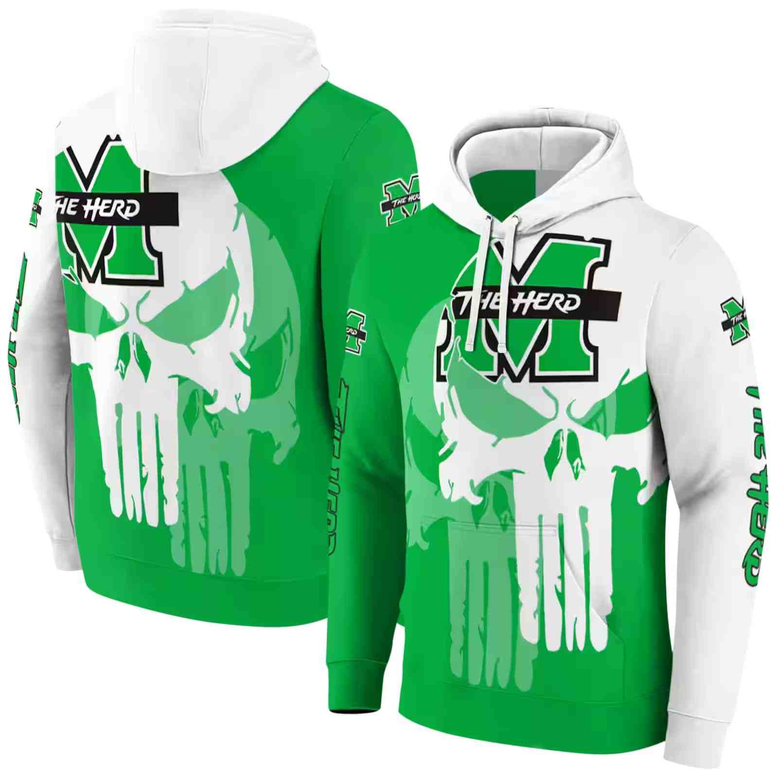 marshall thundering herd graphic punisher green white hoodie fashion forward