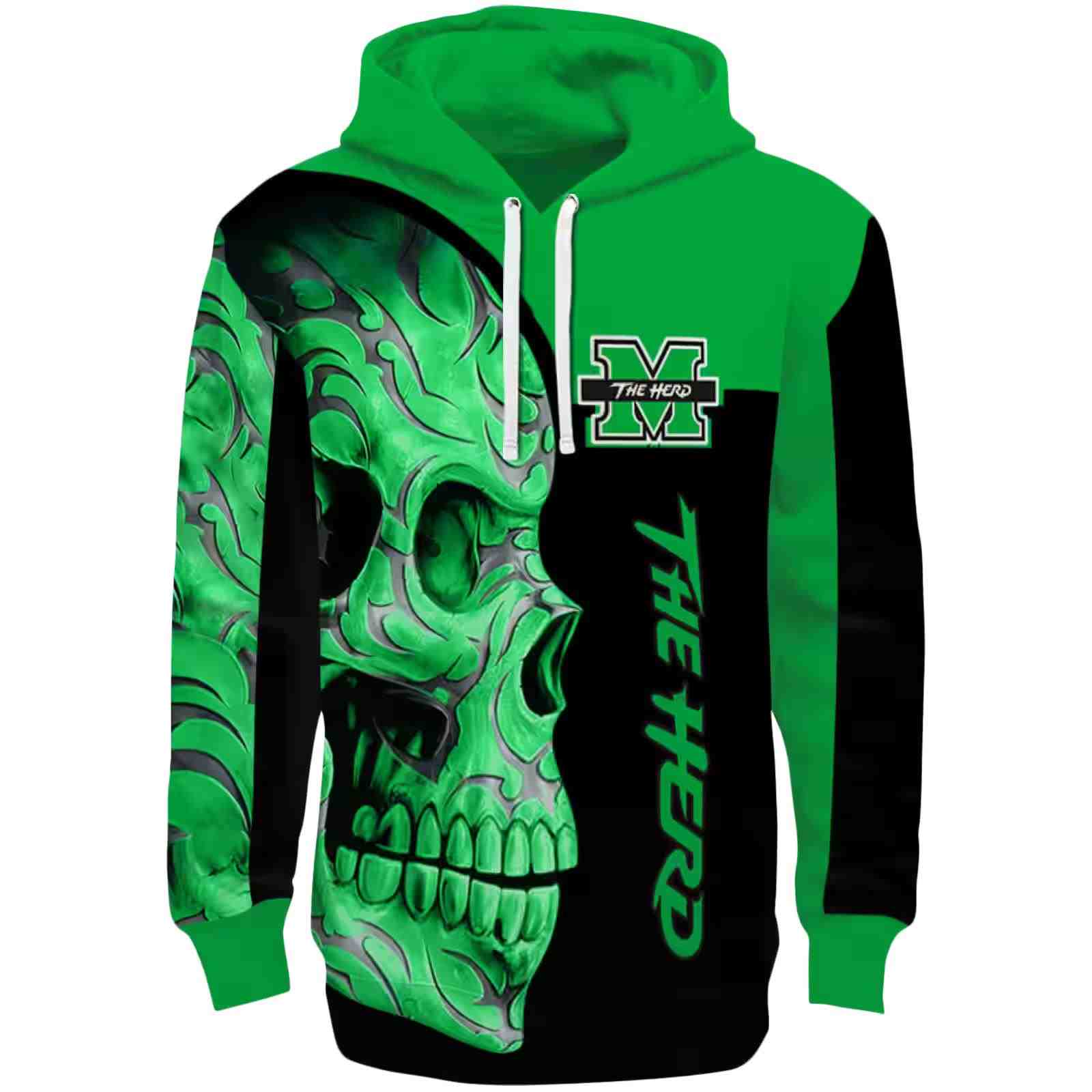 Marshall Thundering Herd Skull Motif Green Black Hoodie