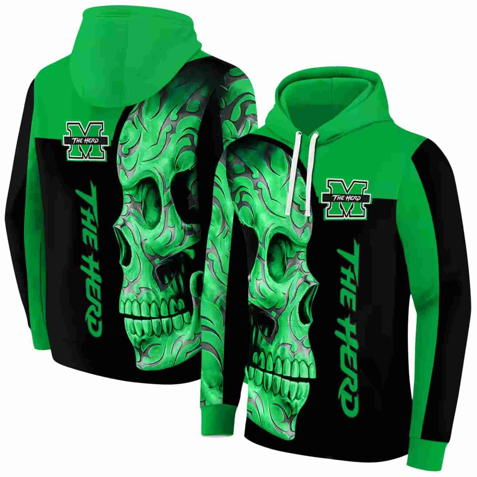 marshall thundering herd skull motif green black hoodie fashion forward