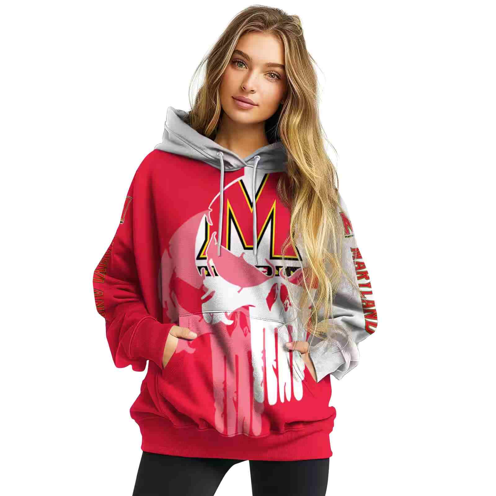 maryland terrapins graphic punisher red white hoodie high quality