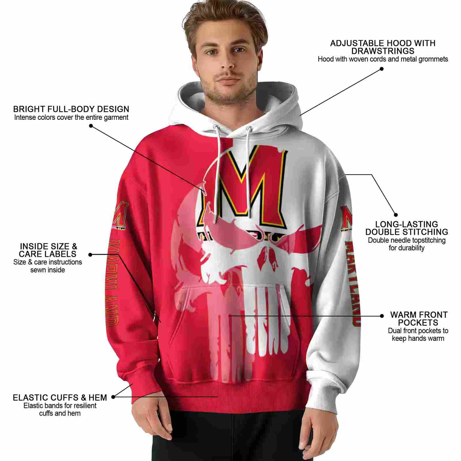 maryland terrapins graphic punisher red white hoodie latest model