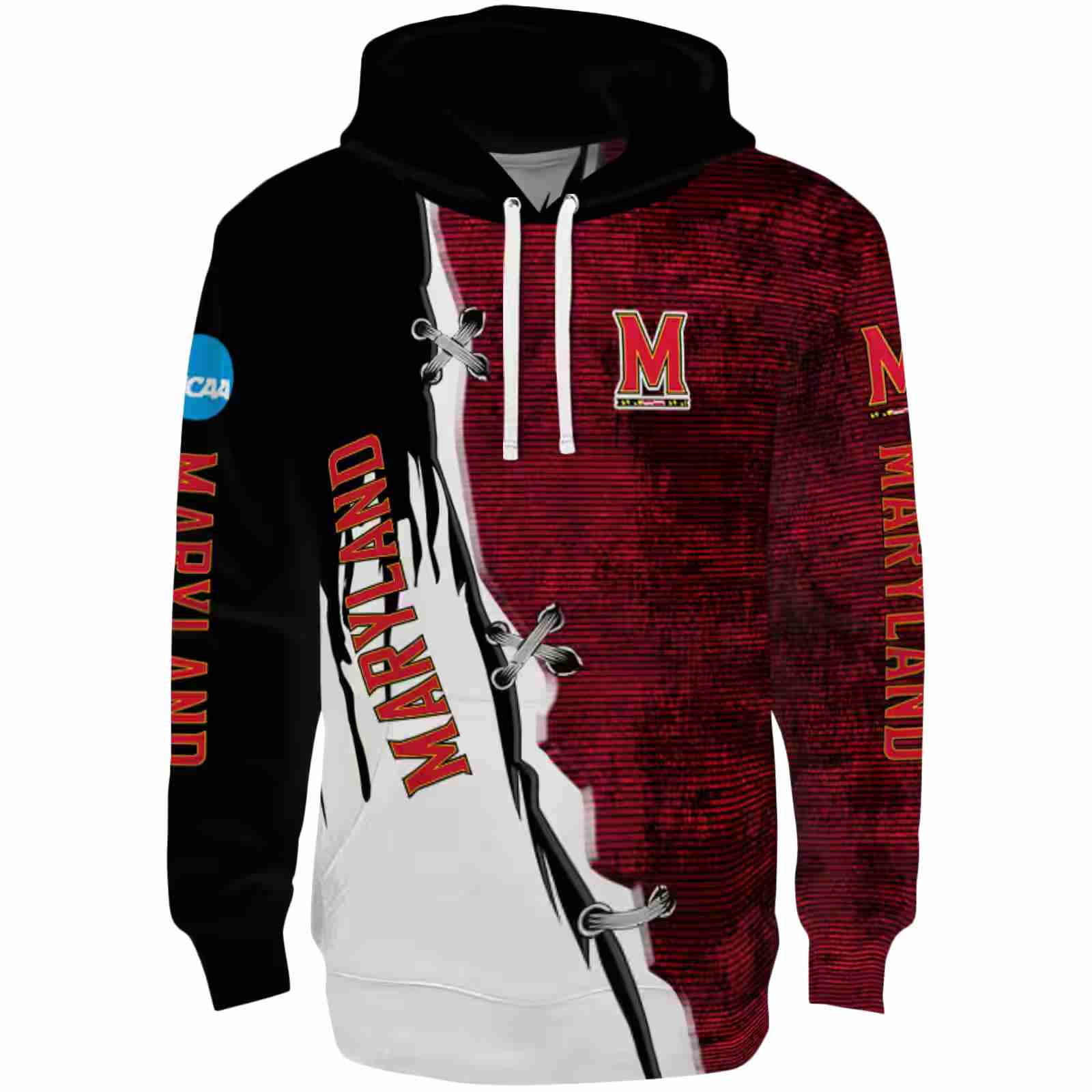 Maryland Terrapins Ripped Pattern Red Black White Hoodie