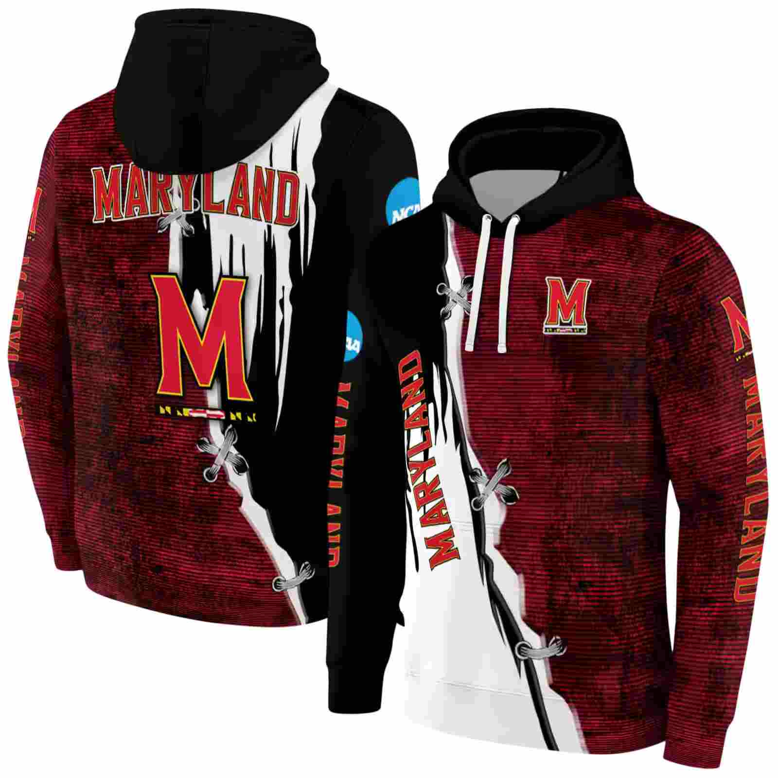 maryland terrapins ripped pattern red black white hoodie fashion forward
