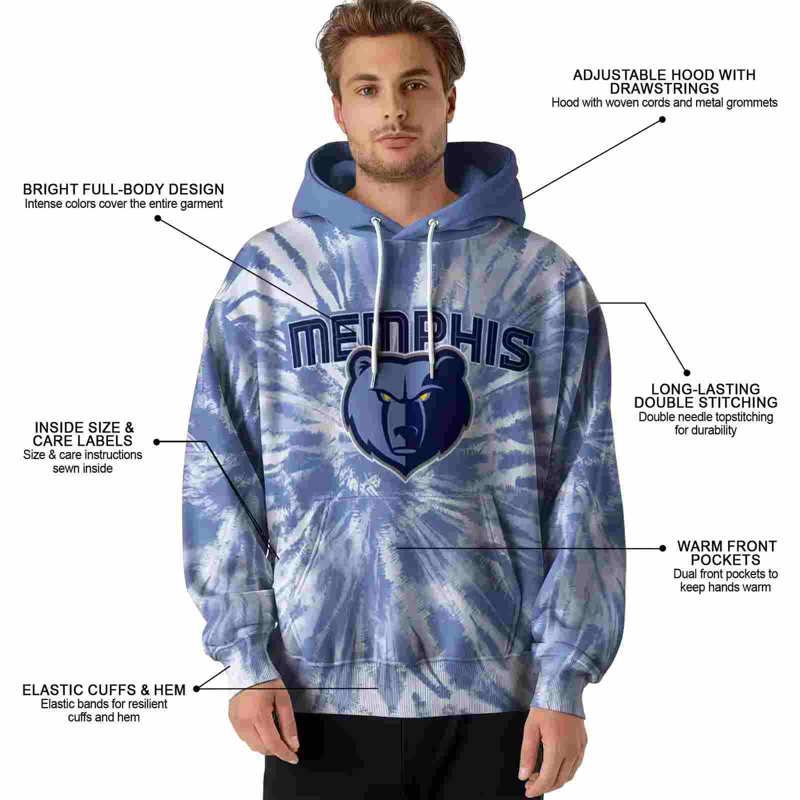 memphis grizzlies tie dye pattern blue hoodie latest model