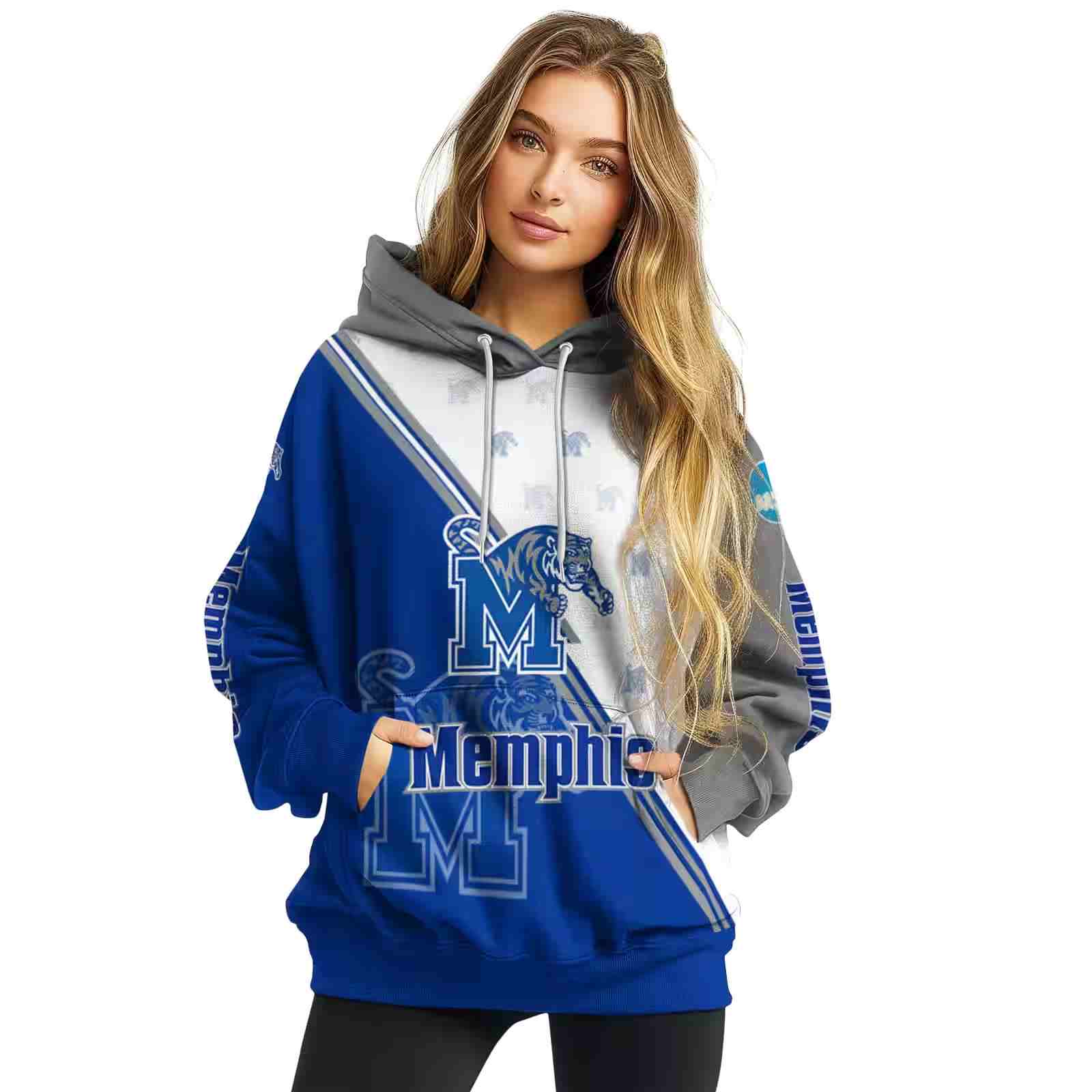 memphis tigers diagonal stripe blue white hoodie high quality