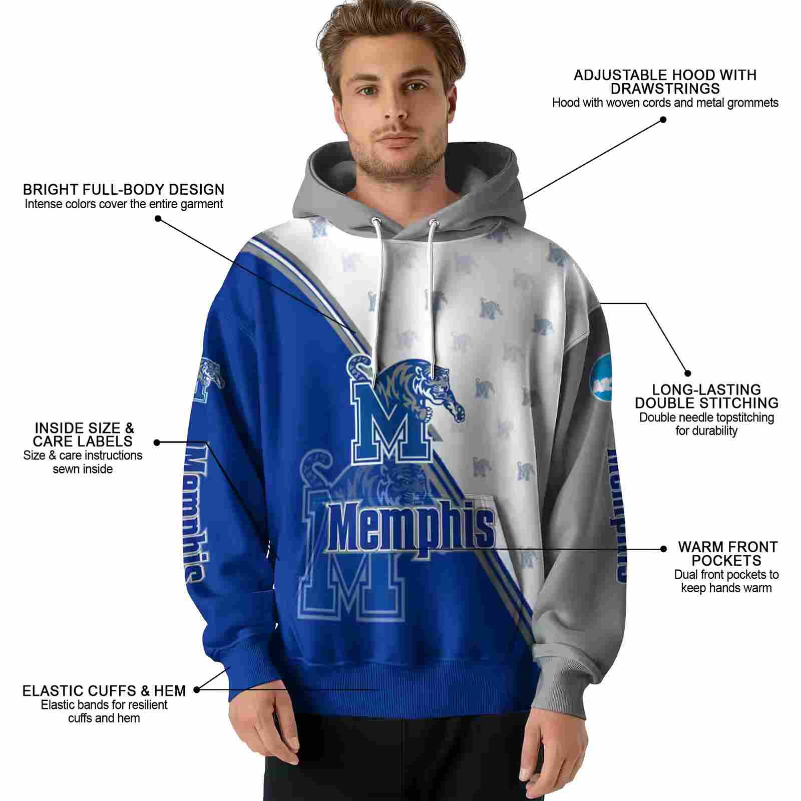 memphis tigers diagonal stripe blue white hoodie latest model