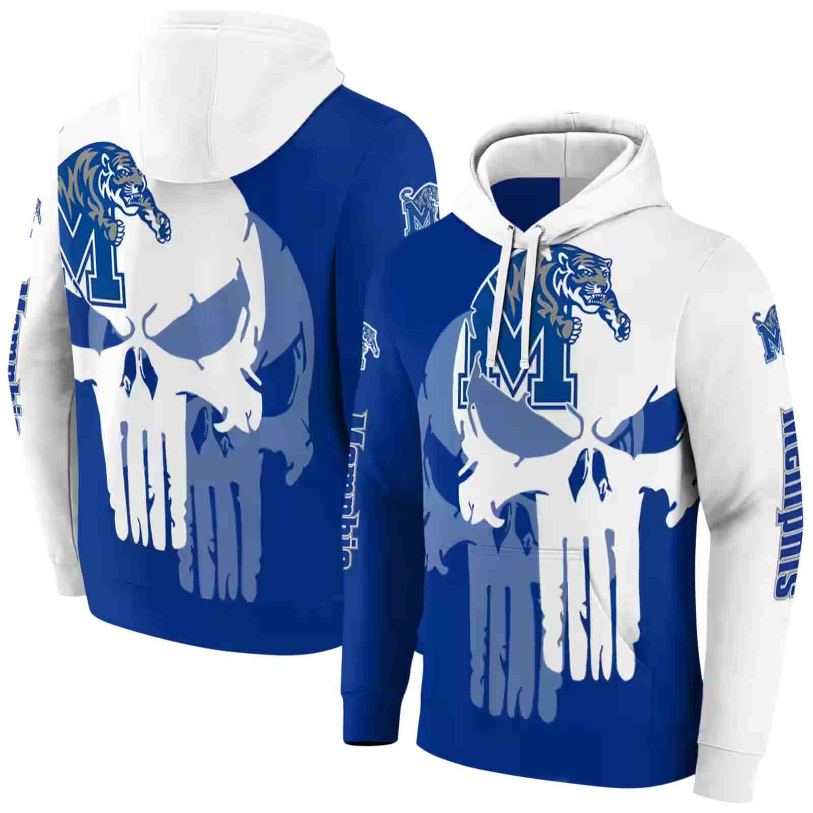 memphis tigers graphic punisher blue white hoodie fashion forward