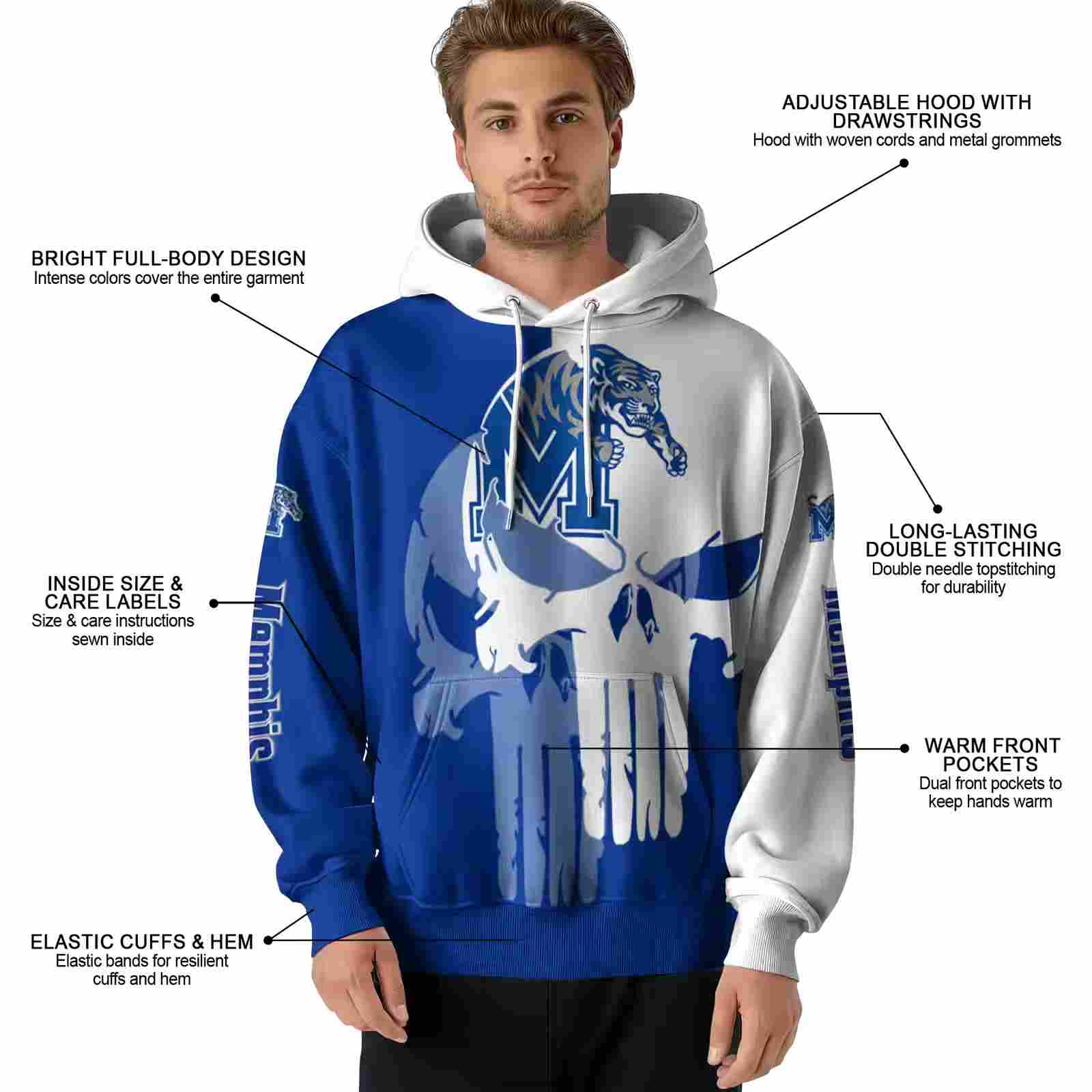 memphis tigers graphic punisher blue white hoodie latest model