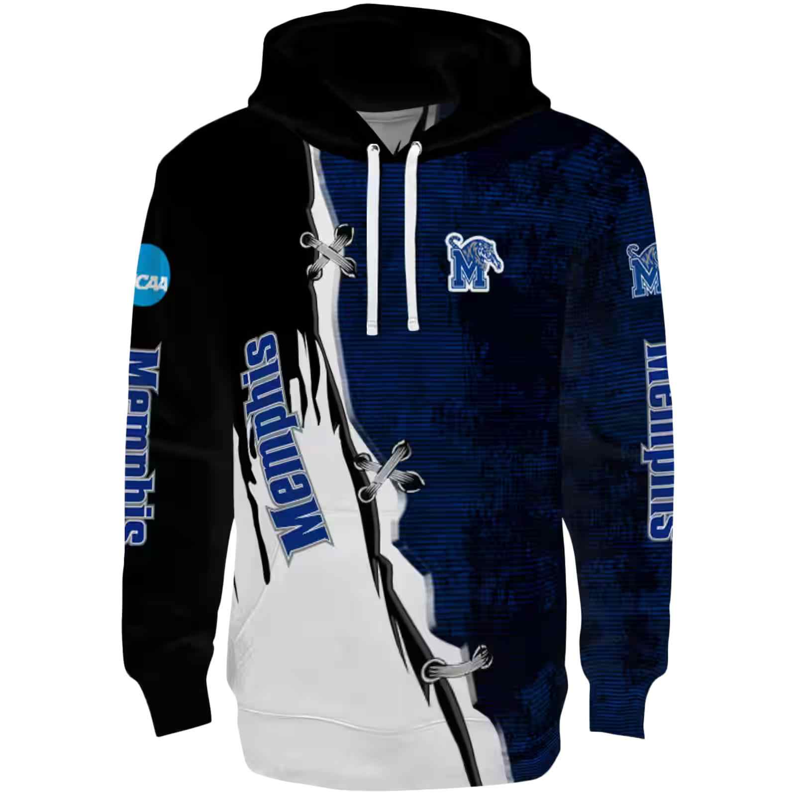 Memphis Tigers Ripped Pattern Blue Black White Hoodie