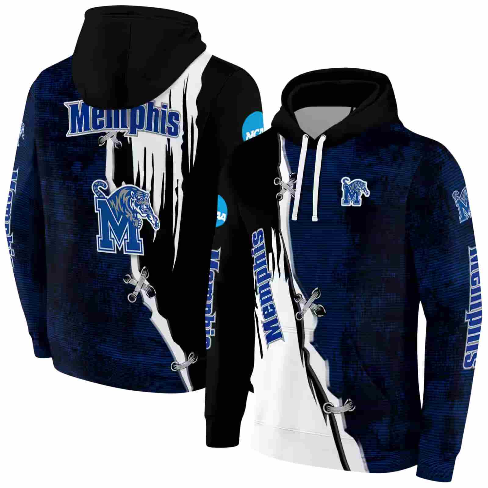 memphis tigers ripped pattern blue black white hoodie fashion forward