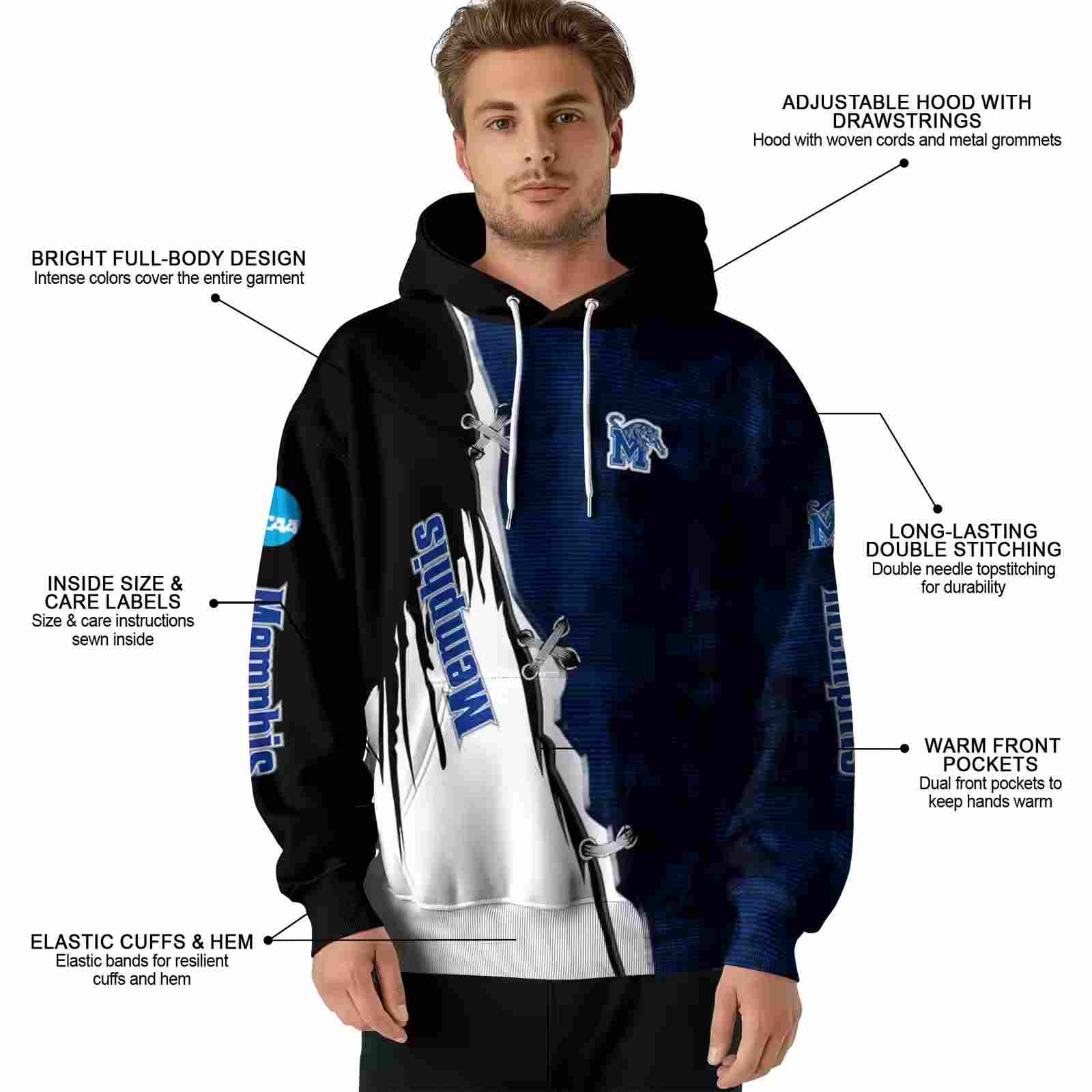 memphis tigers ripped pattern blue black white hoodie latest model