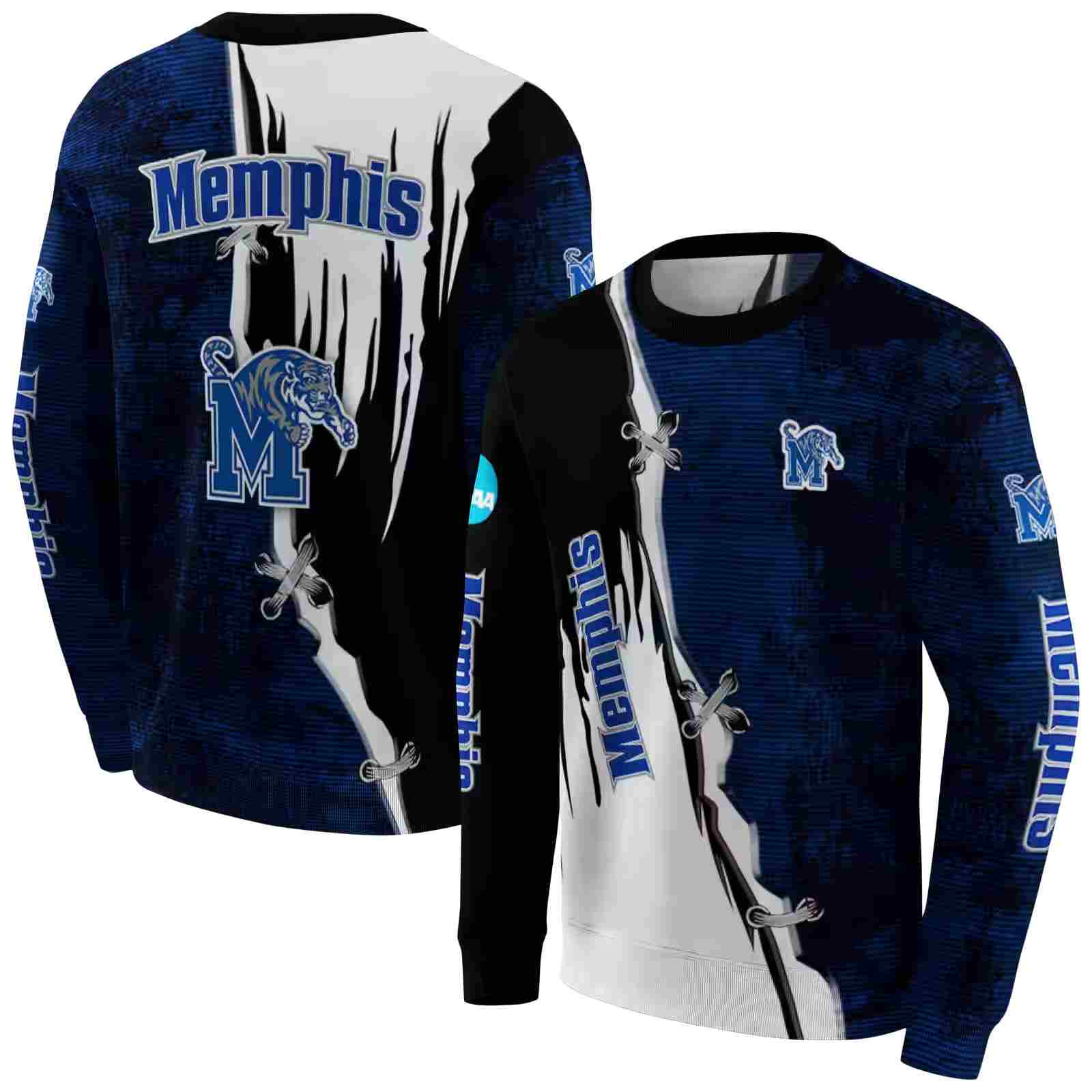 memphis tigers ripped pattern blue black white hoodie premium grade