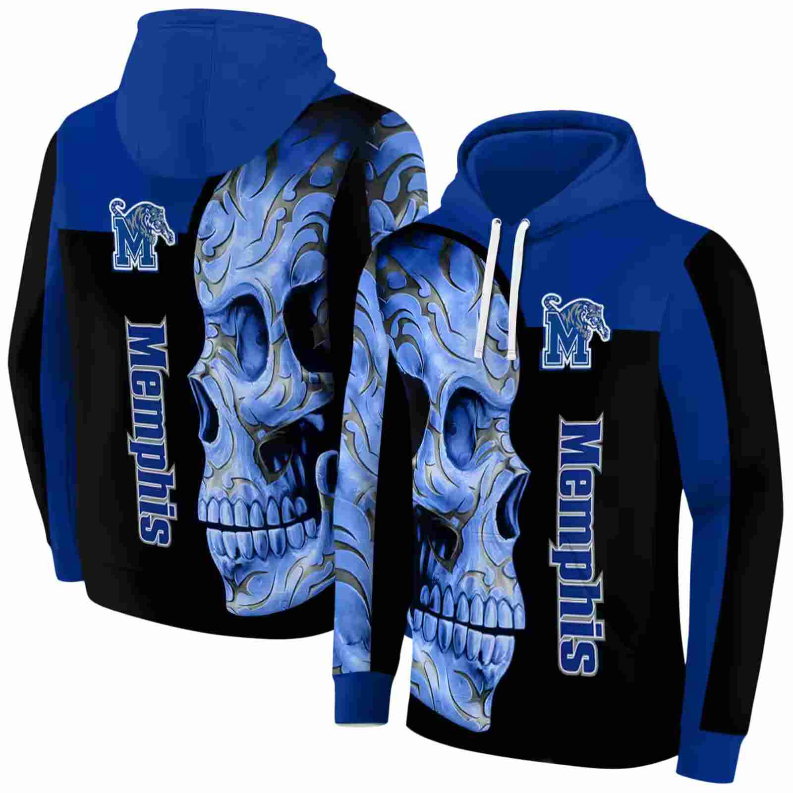 memphis tigers skull motif blue black hoodie fashion forward