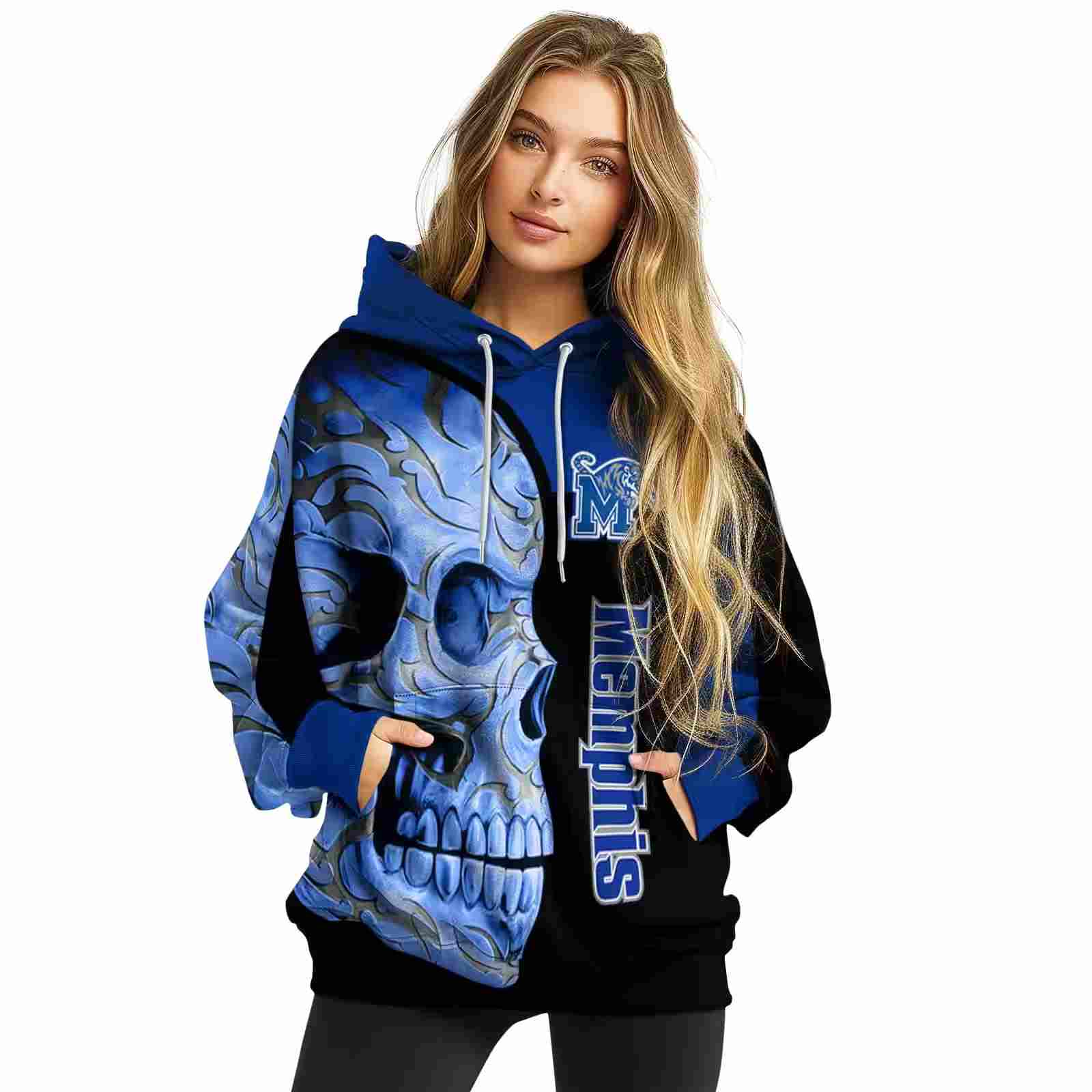 memphis tigers skull motif blue black hoodie high quality