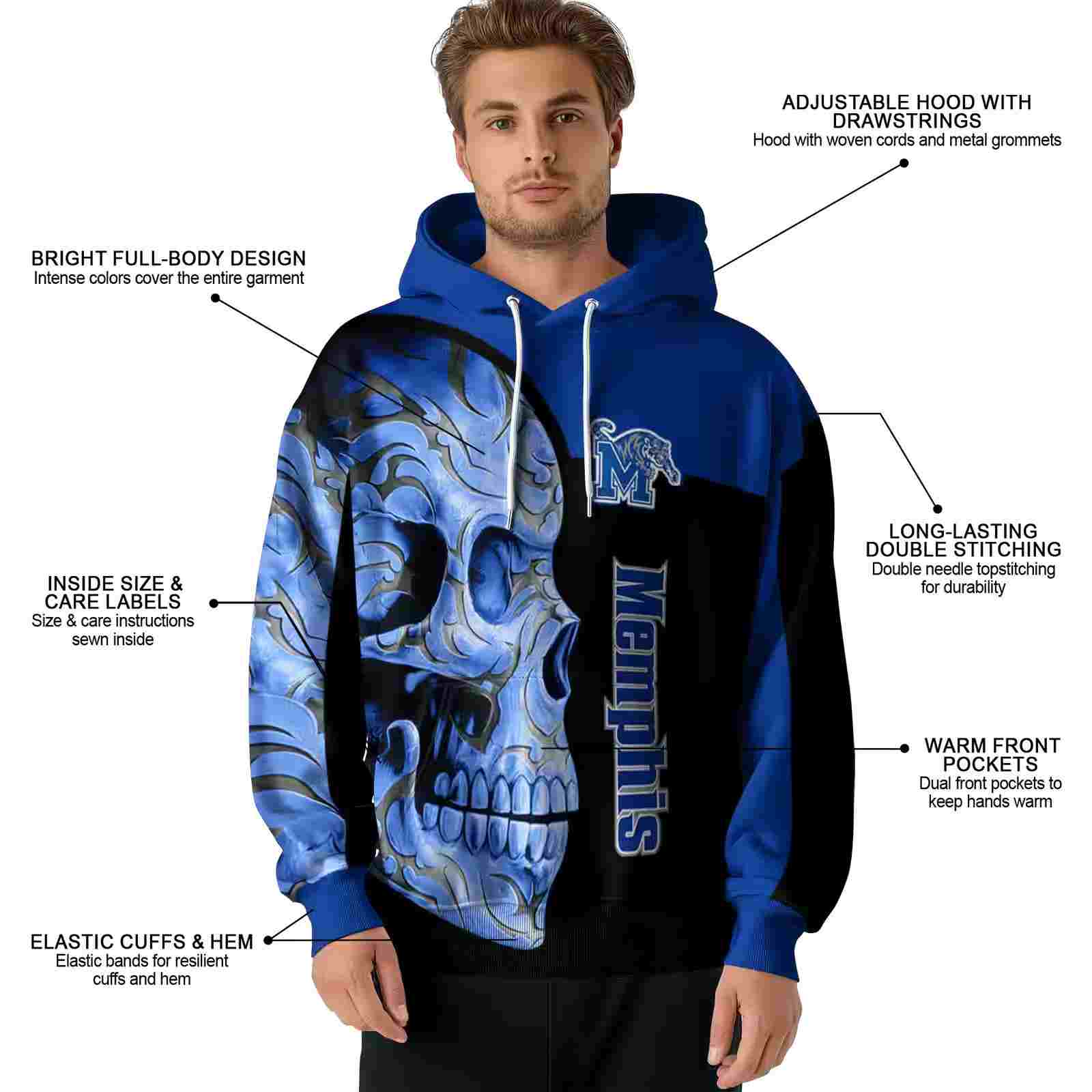 memphis tigers skull motif blue black hoodie latest model