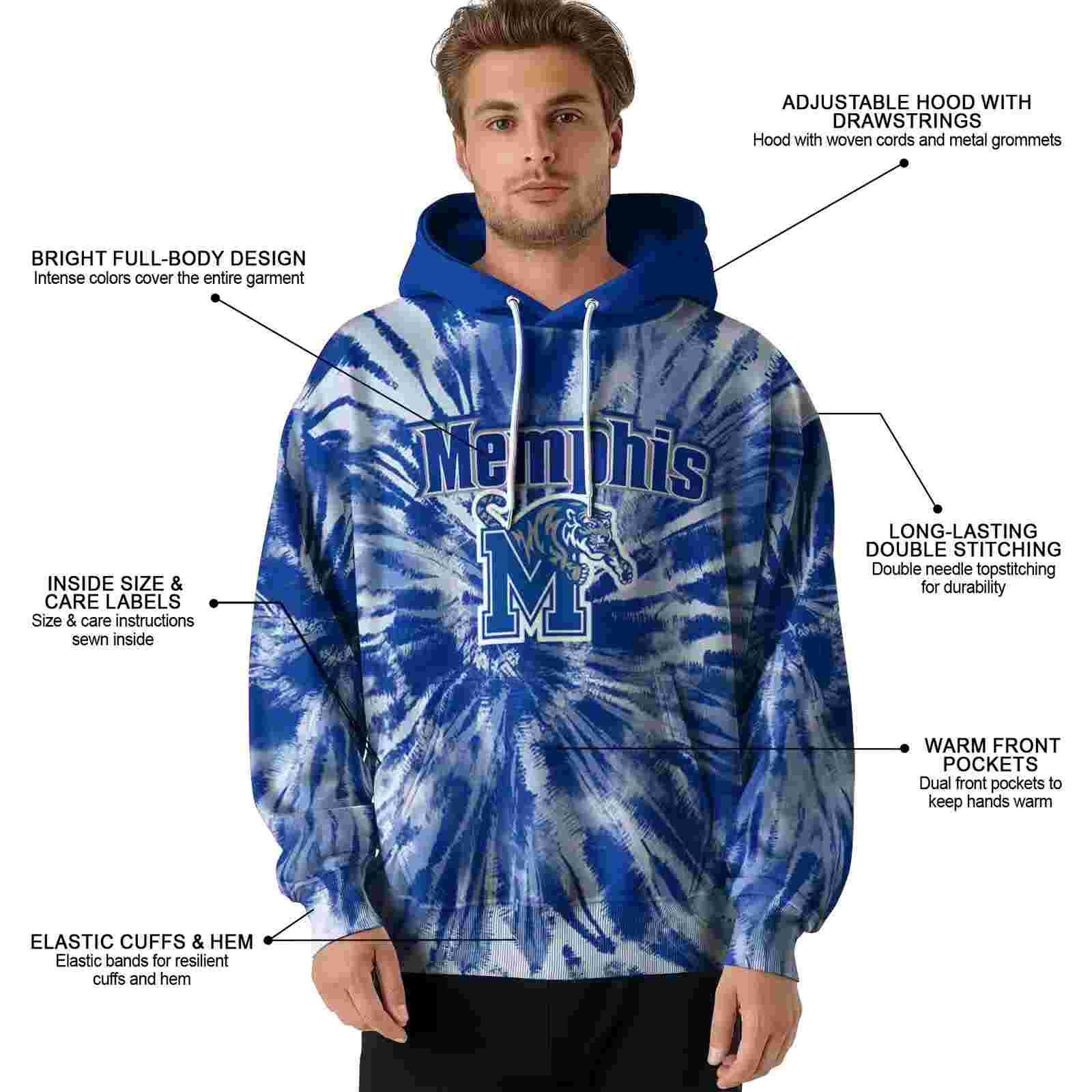 memphis tigers tie dye pattern blue hoodie latest model