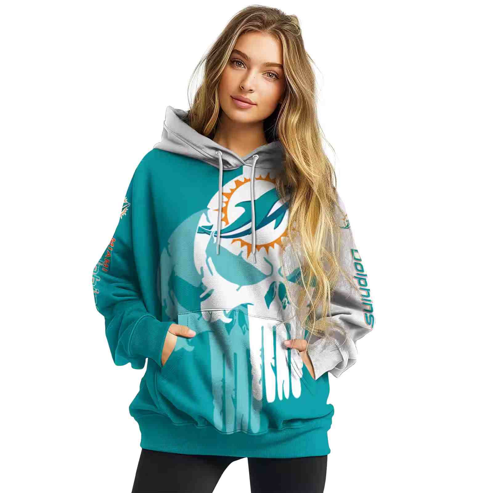 miami dolphins graphic punisher aqua white hoodie high quality