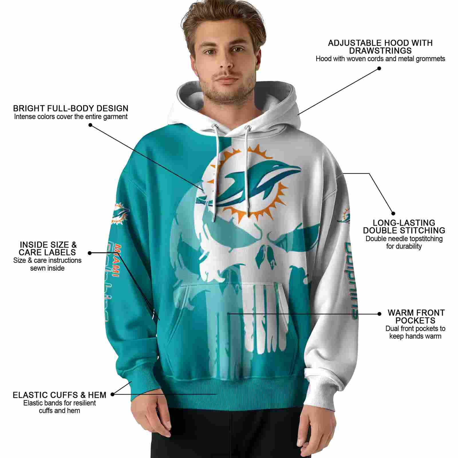 miami dolphins graphic punisher aqua white hoodie latest model