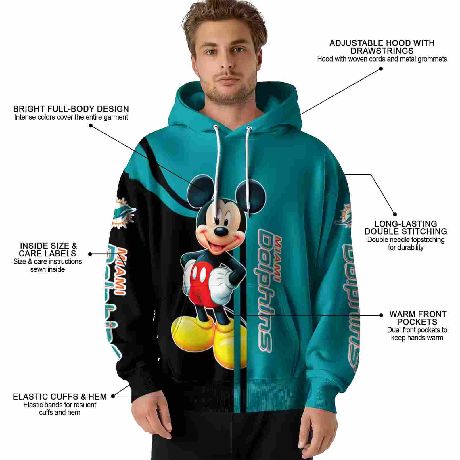 miami dolphins mickey mouse aqua black hoodie latest model