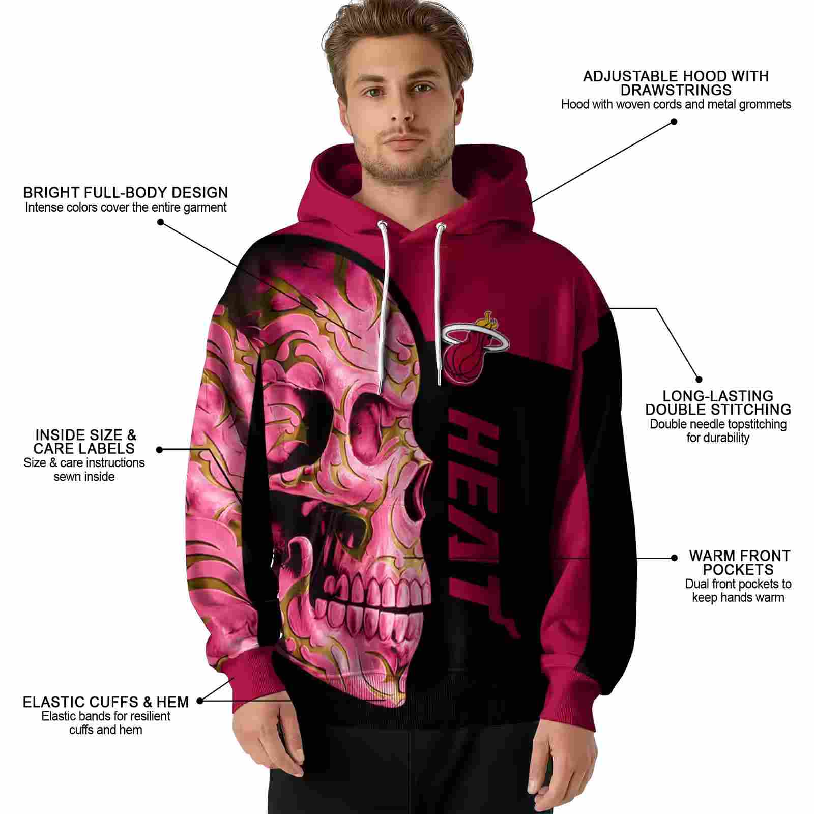 miami heat skull motif red black hoodie latest model