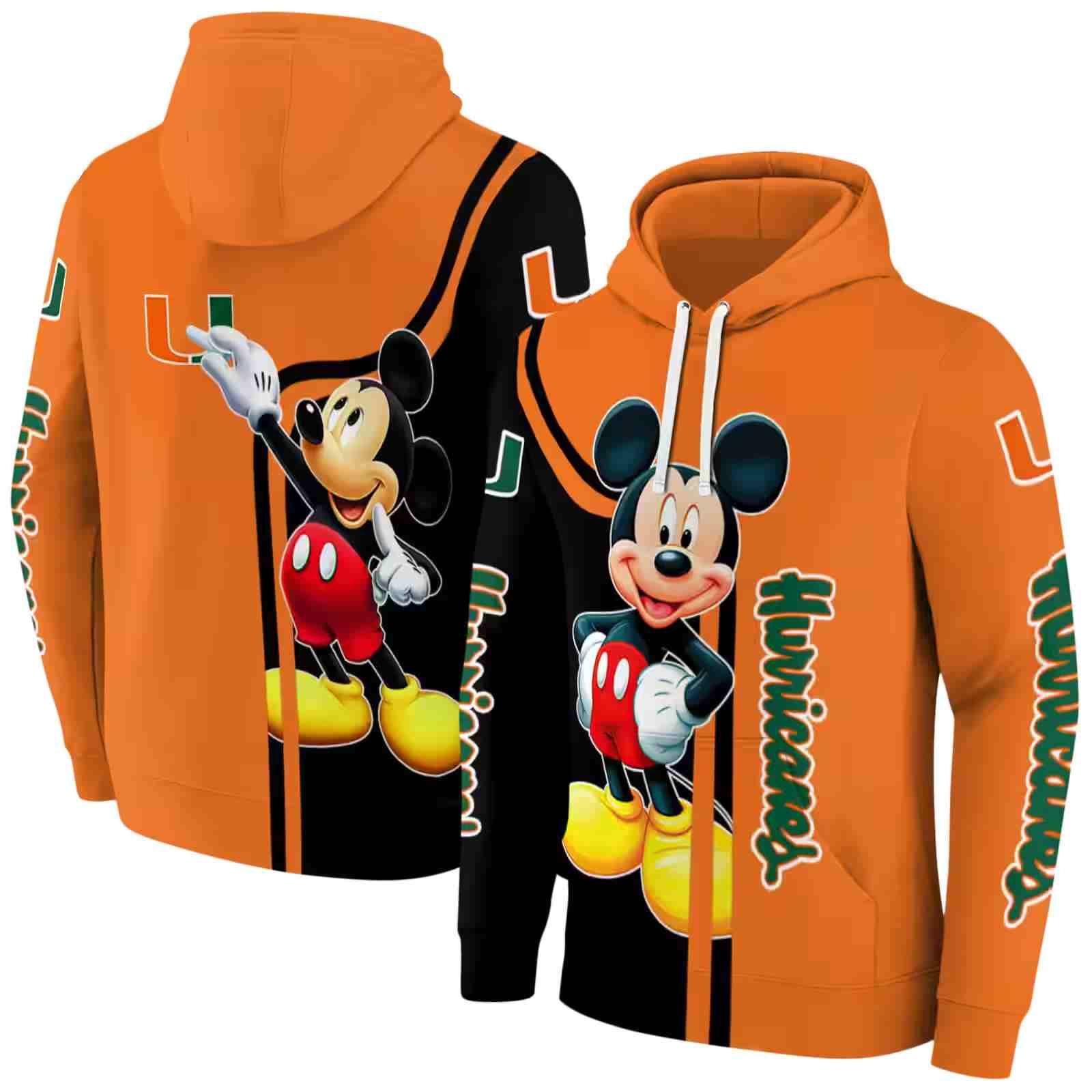 miami hurricanes mickey mouse orange black hoodie fashion forward